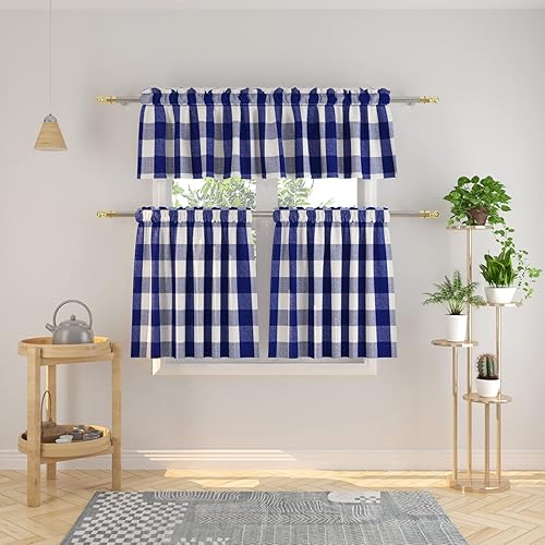 Miniatura 20 de Juego de 3 piezas de cortinas de ventana de cocina estilo campirano clásico de algodón - Conjunto de cenefa y volado a cuadros Buffalo en rosa y