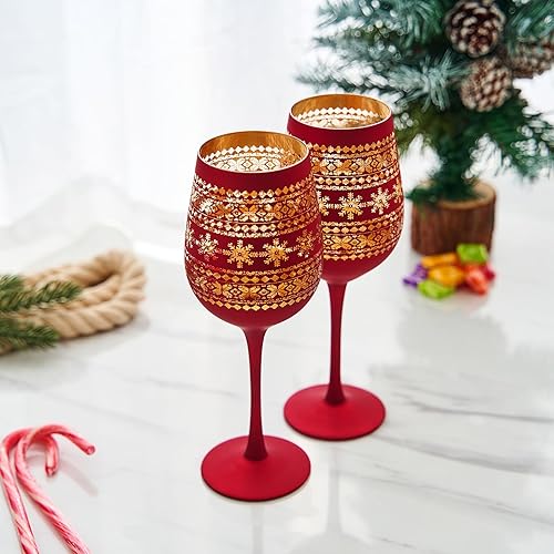 Miniatura 8 de Copas de vino de Navidad con tallo de cristal, juego de 2 unidades, con temática vibrante roja y dorada grabada en el país de las maravillas de