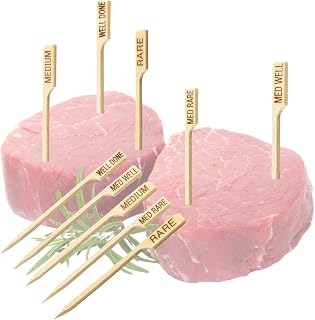 TableCraft H1028 Steak Markers, Bamboo Wood Meat Picks for Grilling and Catering, 3.5" Assorted Doneness Labels, RARE to WELLDONE, 130 Count, Disposable, Natural Finish
