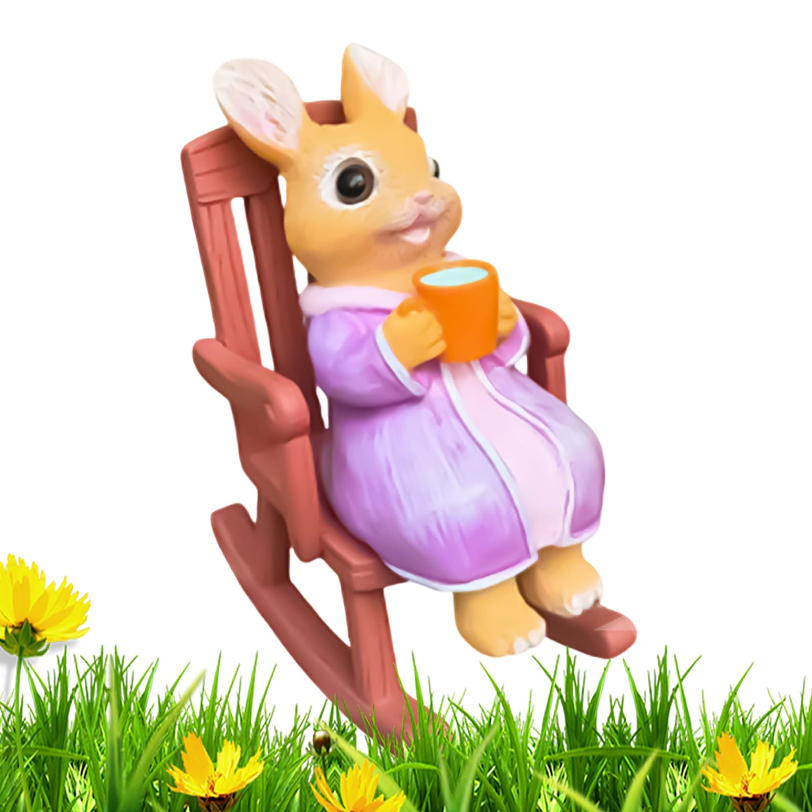 Lapin mignon sur chaise à bascule et sculpture de jardin pour décoration maison