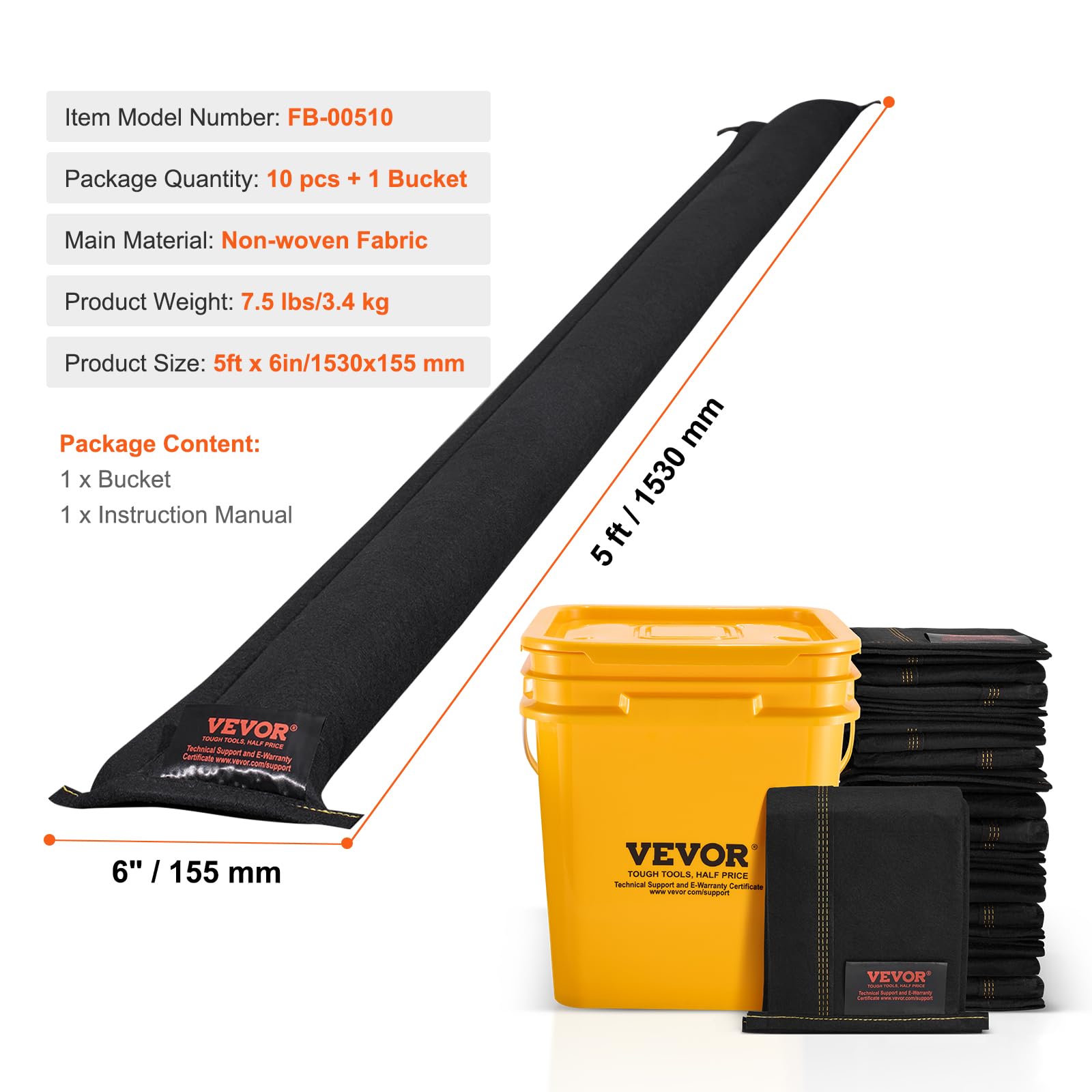 VEVOR Barriere antiallagamento, Sacchetti per dighe antialluvione 10 pezzi con secchio di plastica, Barriere antiallagamento attivate dall'acqua per casa, porta, vialetto (5FT x 6in)