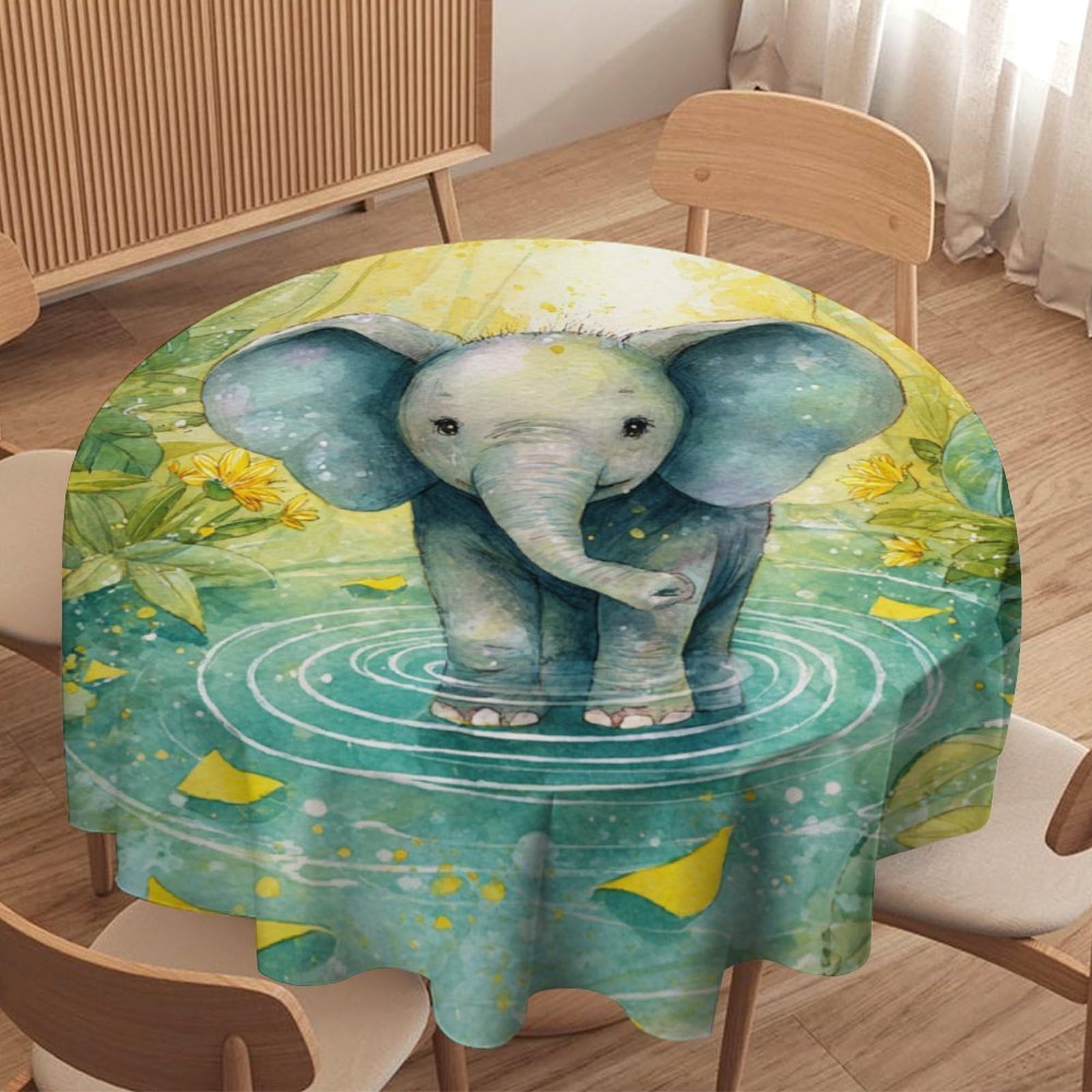 LUYYSKY Cute Beautiful Baby Elephant Waterproof Round Tablecloth Colorful Oil Painting Tropical Jungle Animal Elephant Floral Washable Table Cover for Kitchen-127 Wx127 L cm