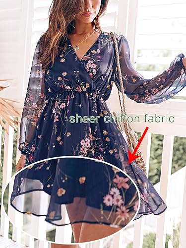 Vista 4 de CUPSHE Vestido corto de gasa con estampado floral para mujer, acampanado, con manga larga campesina