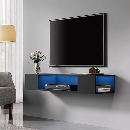 FITUEYES Estante flotante para TV con luces LED azules, centro de entretenimiento montado en la pared, componente de consola multimedia debajo del