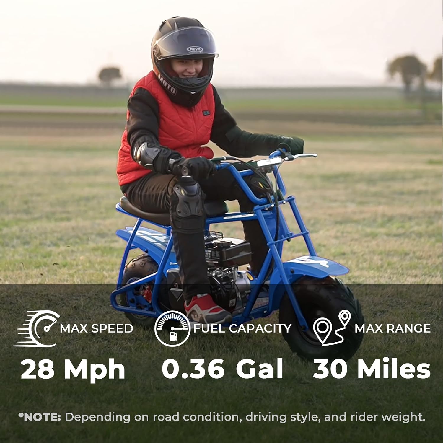 FRP Mini Dirt Bike GMB100 Basic, New 99CC Gas Powered Mini Bike 4-Stroke 3HP, Off-Road for Kids/Adult, Trail Up to 28 Mph, Weight Support Up to 220 LBS,Blue
