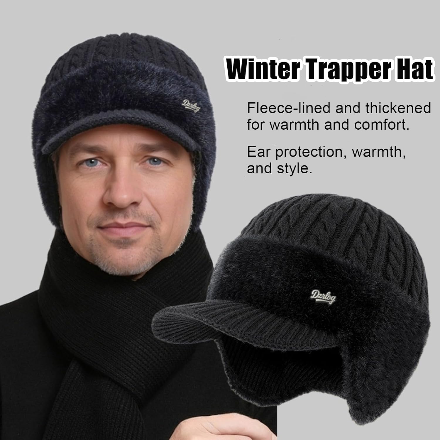 Trapper Hat, Winter Knit Hat with Ear Flaps and Fur Brim Moisture Wicking Comfort, Baseball Beanie Warm Stylish for Men - Image 3