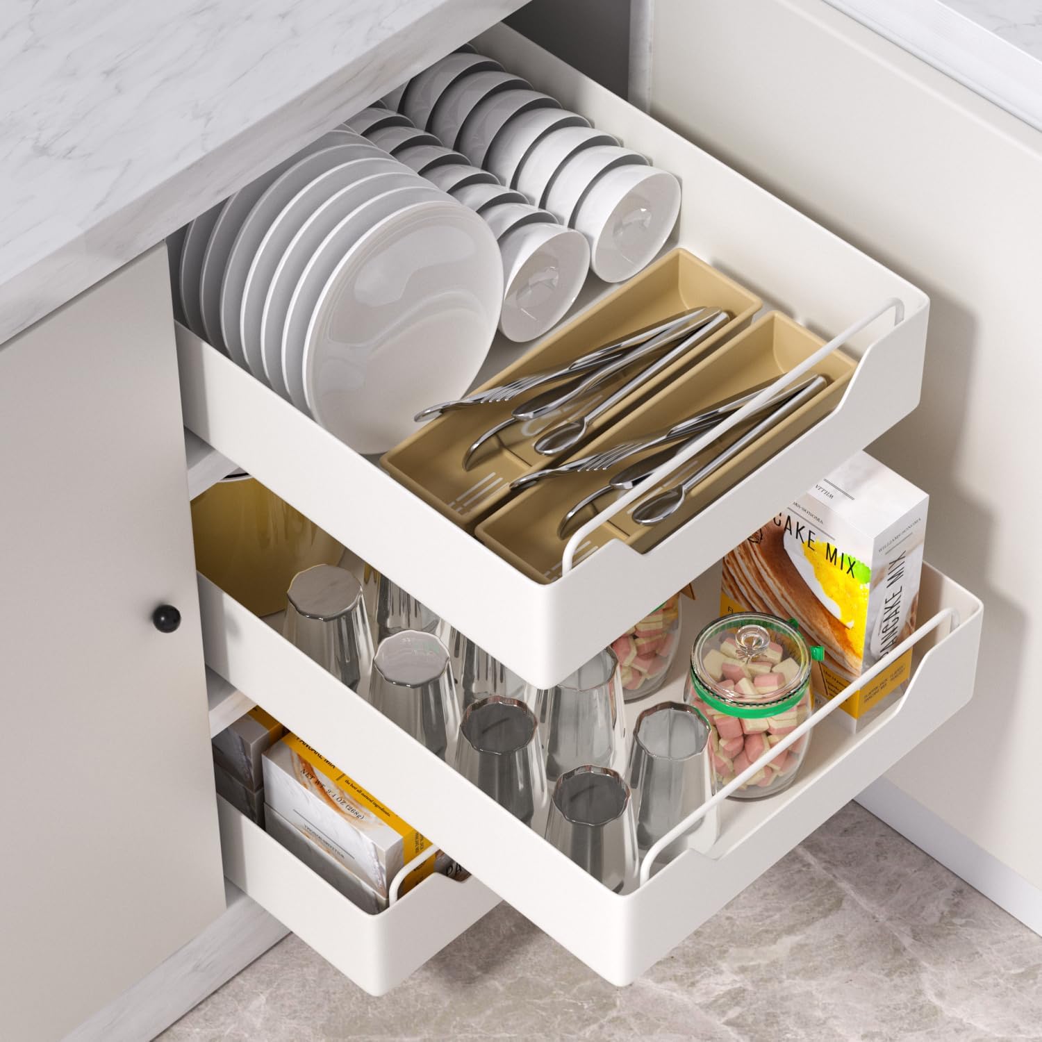 1 PCS Pull-Out Cabinet Organizer Adjustable, Space-Saving Slide-Out Storage Bin for Kitchen Cupboards, No Drilling Required Pantry Organizer Shelf