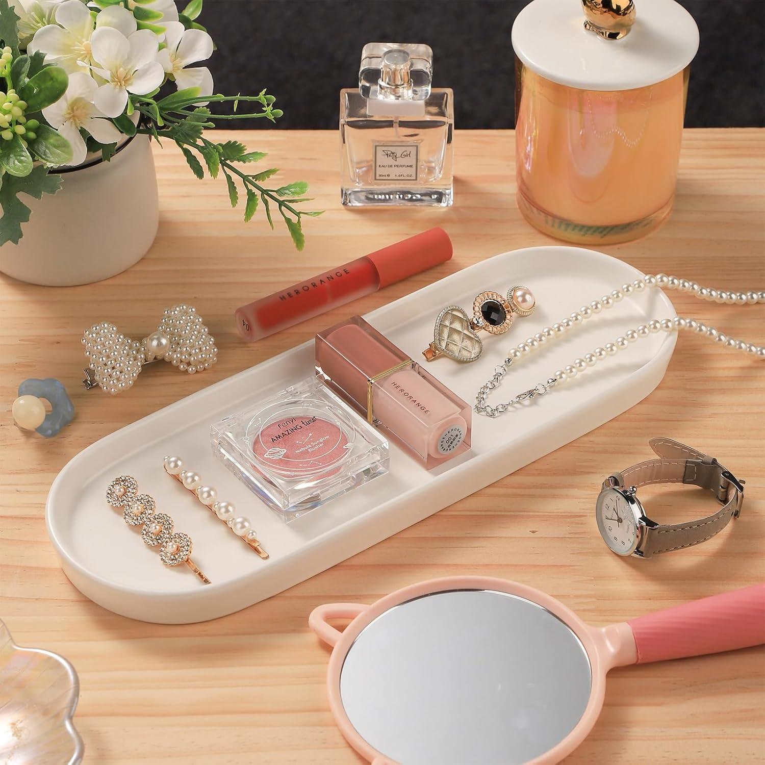 VanEnjoy White Vanity Tray for Bathroom Counter, Long Narrow Tray Ceramic Tray for Kitchen Counter for Soap Bottles - Image 4