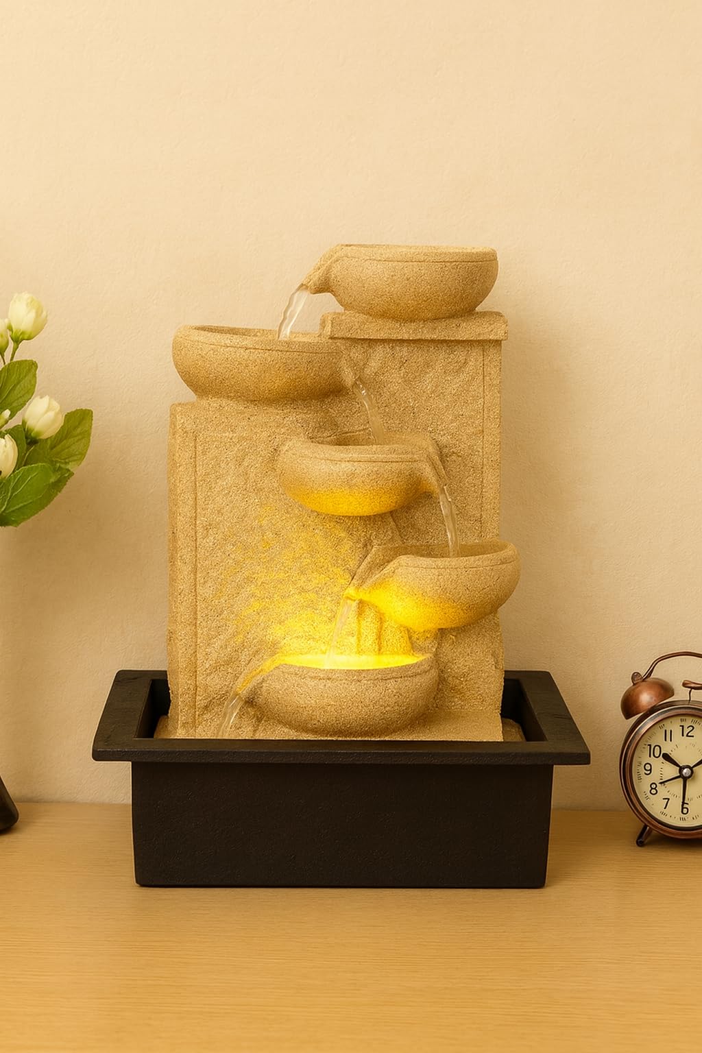 mahganya polyresin table top cream bowldesign color indoor waterfall fountain for home decor with yellow led lights & water flow controller pump (size: 38 x 29.5 x 22cm)