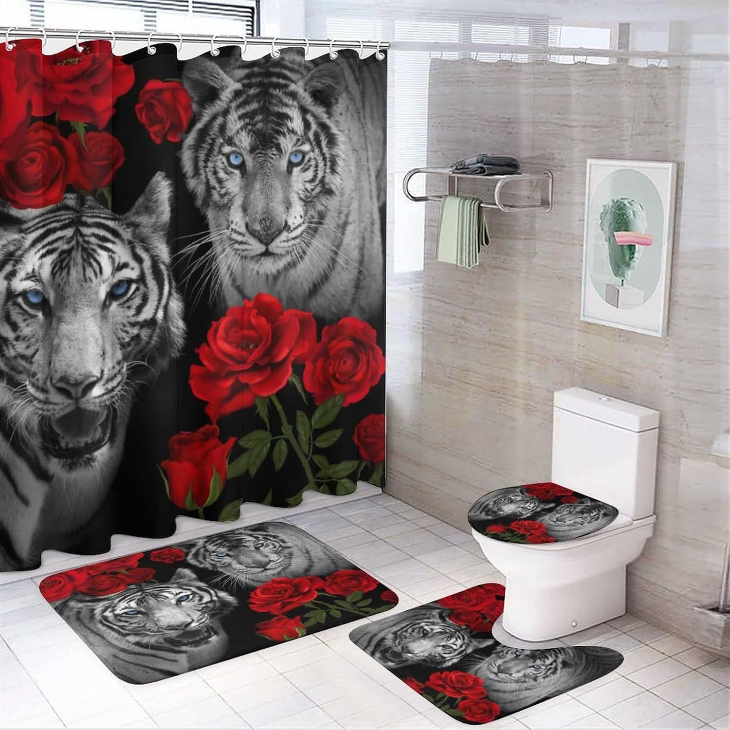 Brebasf White Tiger 4 Pcs Shower Curtain Bathroom Set Cool Forest Wild Animal Tiger Red Rose Floral Shower Mat Shower Curtain with Rug 12 Hooks,72" W x 72" L