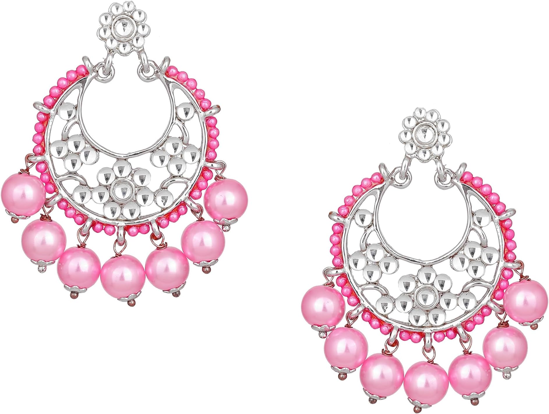 girl's/women silver tone plated brass metal pearl and stone earrings (gold, pink), One Size