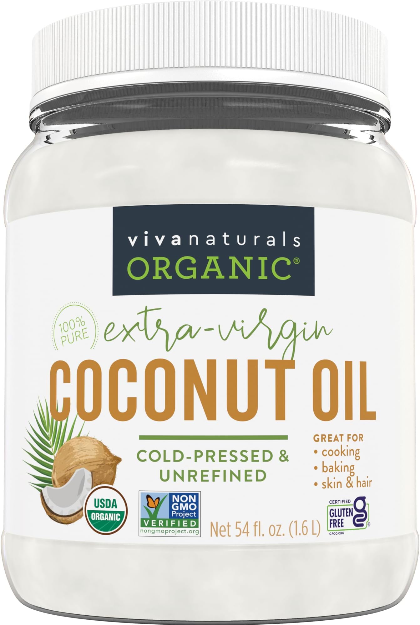 Viva Naturals Organic Coconut Oil, 54 fl oz – Unrefined, Cold-Pressed Extra Virgin Coconut Oil, USDA Organic & Non-GMO, Natural Cooking Oil, Hair Oil & Skin Oil