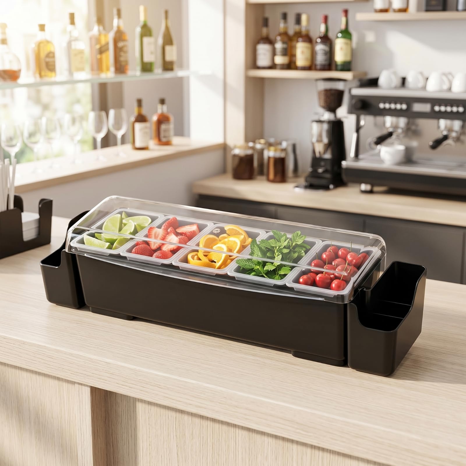 Portacondimenti con Vaschette Estraibili Compatto Organizzatore da Banco con Vaschette Efficiente Porta Condimenti Coperchio per Ristoratori, Contenitore Per Frutta Con 3 Scomparti E Orecchie