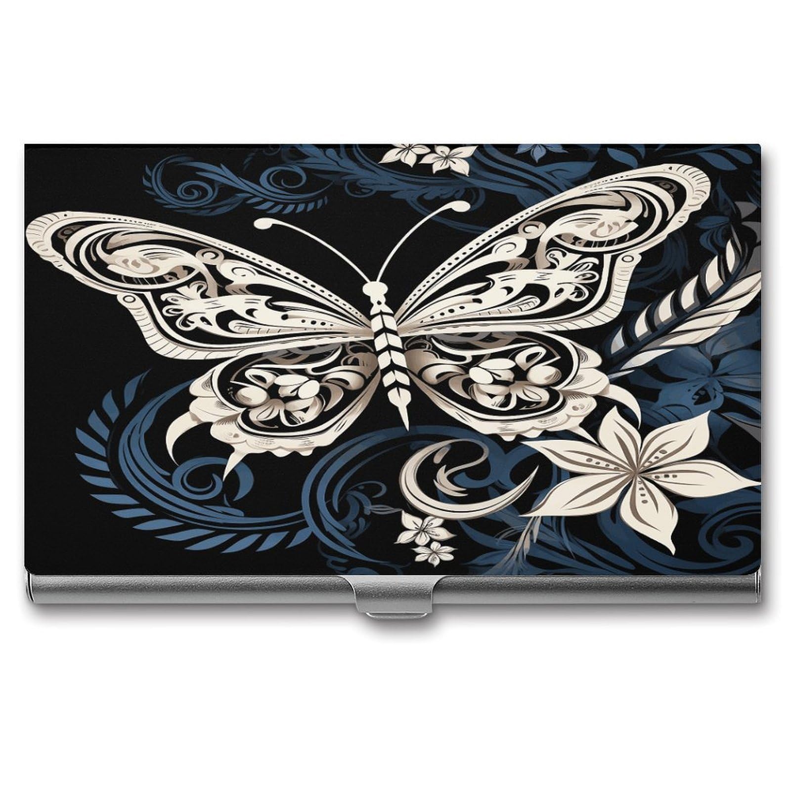 FekiLoot White Butterflies And Tribal Business Card Holder for Men Women Metal Slim Organizer Business Card Carrier Wallet Name Cards Holder Retro Slim Pocket Purse Small Portable Card Case