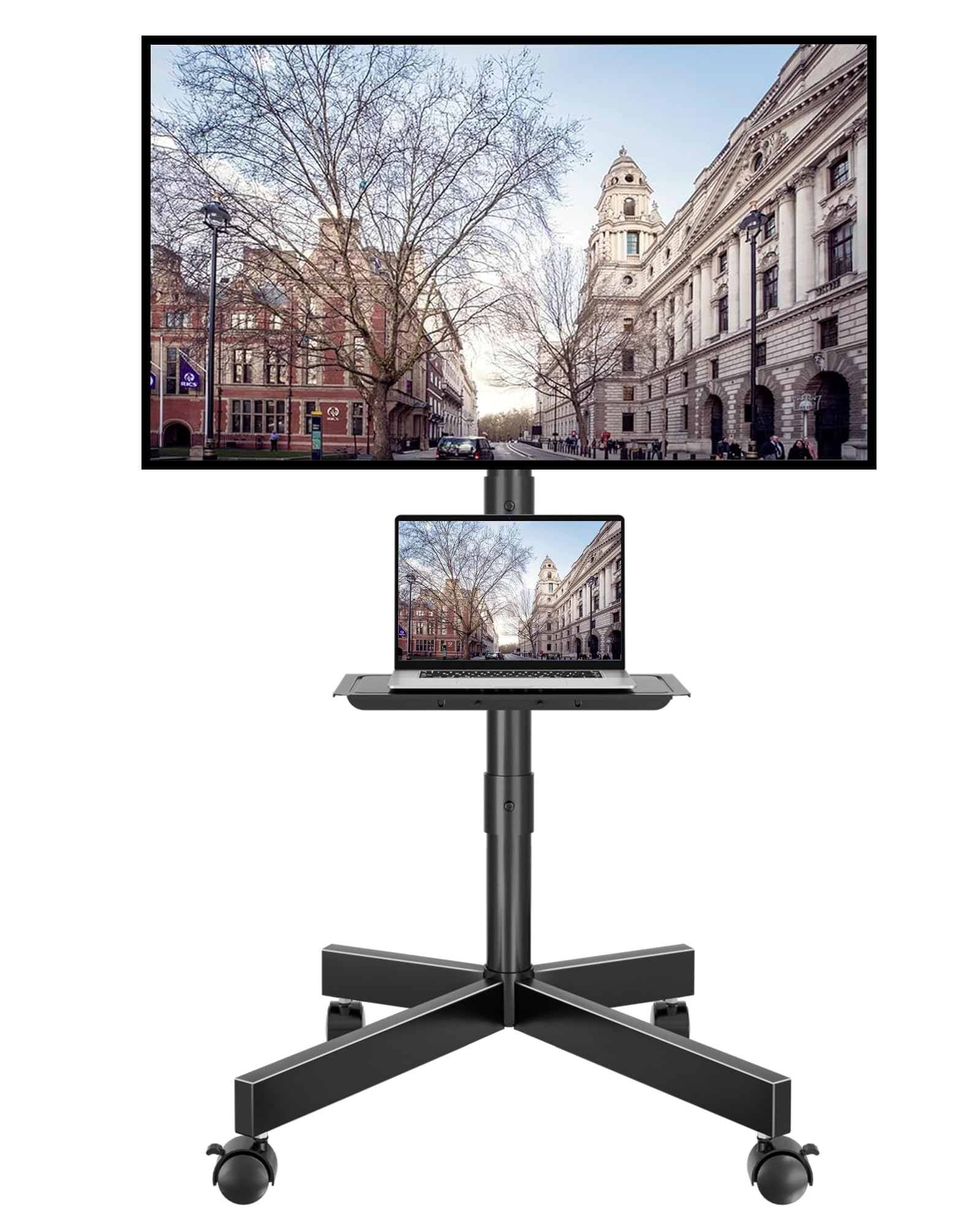 Rfiver TV-standaard oprolbaar met plank voor 50 tot 86 inch platte en gebogen TV's, in hoogte verstelbare TV-vloerstandaard met wielen, verrijdbare TV- standaard, zwart, TV-trolley tot 68 kg, max