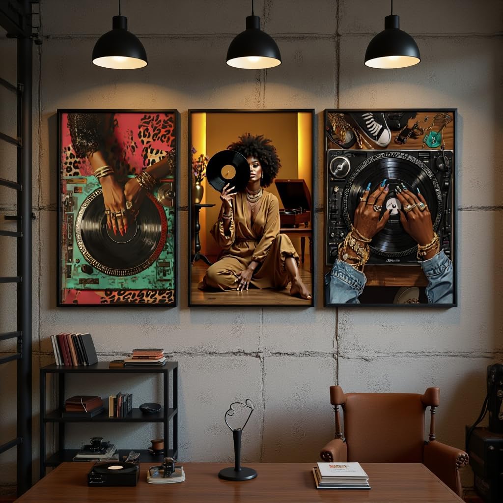 3 Pcs Fashion Black Woman Wall Art Trendy Abstract Black Girl Canvas Poster Prints Pictures Paintings with Record Player Music Theme for Living Room Bedroom Wall Decor Unframed