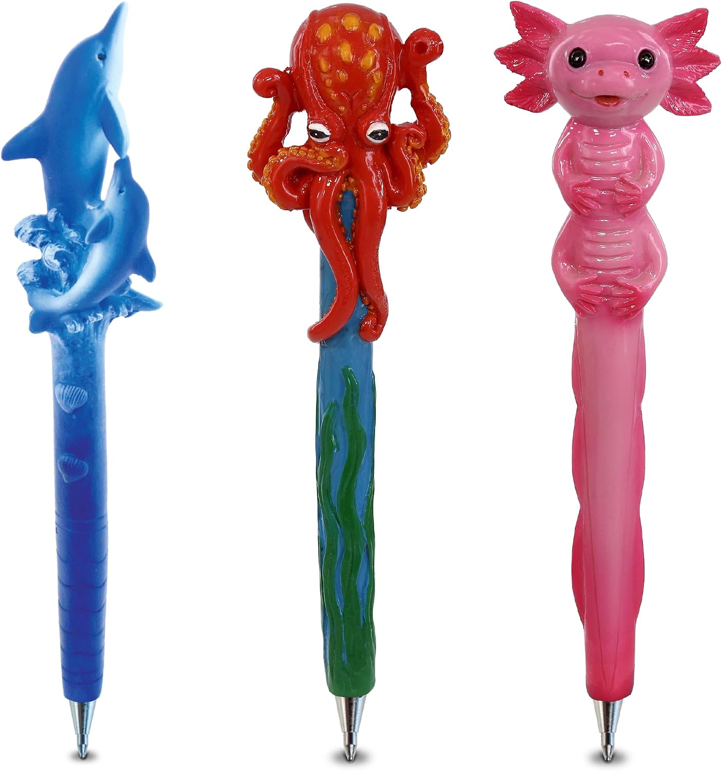 Marine Animal Theme Novelty Writing Pens Set of 3 – 3D Black Ink Ballpoint Pens in Dolphin, Axolotl and Octopus Designs for School Supplies, Desk Accessories, Journaling, Ocean Theme Stationery Gifts