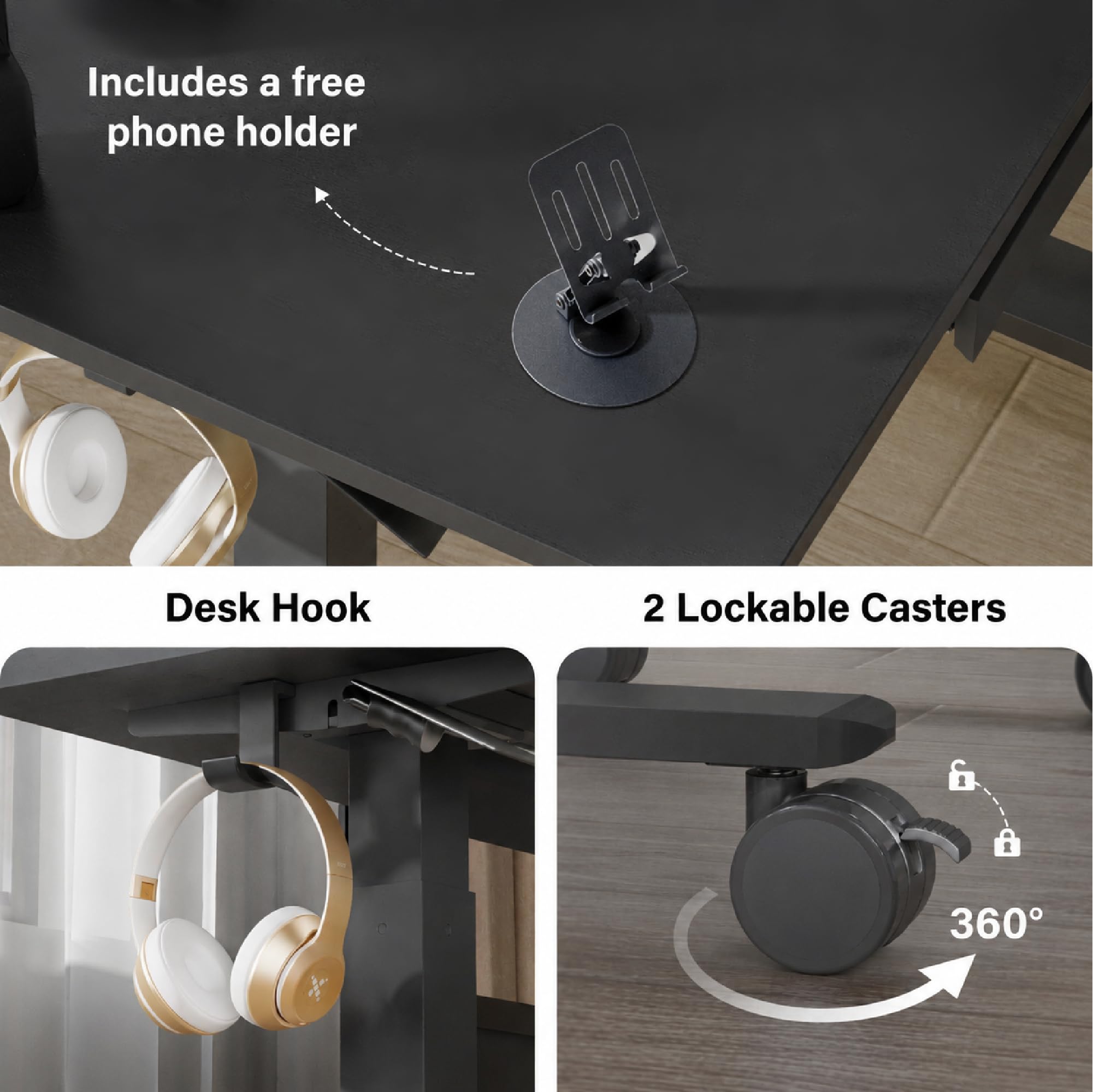 Escritorio Regulable en Altura Neumático con Ruedas, Mesa de Trabajo Ergonómica para Oficina en Casa, Soporte para Computadora Portátil, Móvil y Estable, Negro