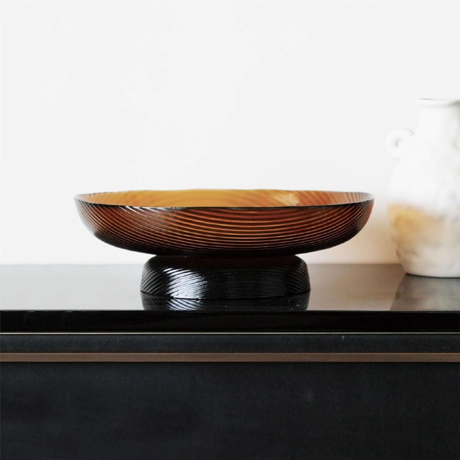 12” Ribbed Pedestal Decorative Bowl - Elegant Glass Centerpiece for Fruit & Decor (Smoke Grey)