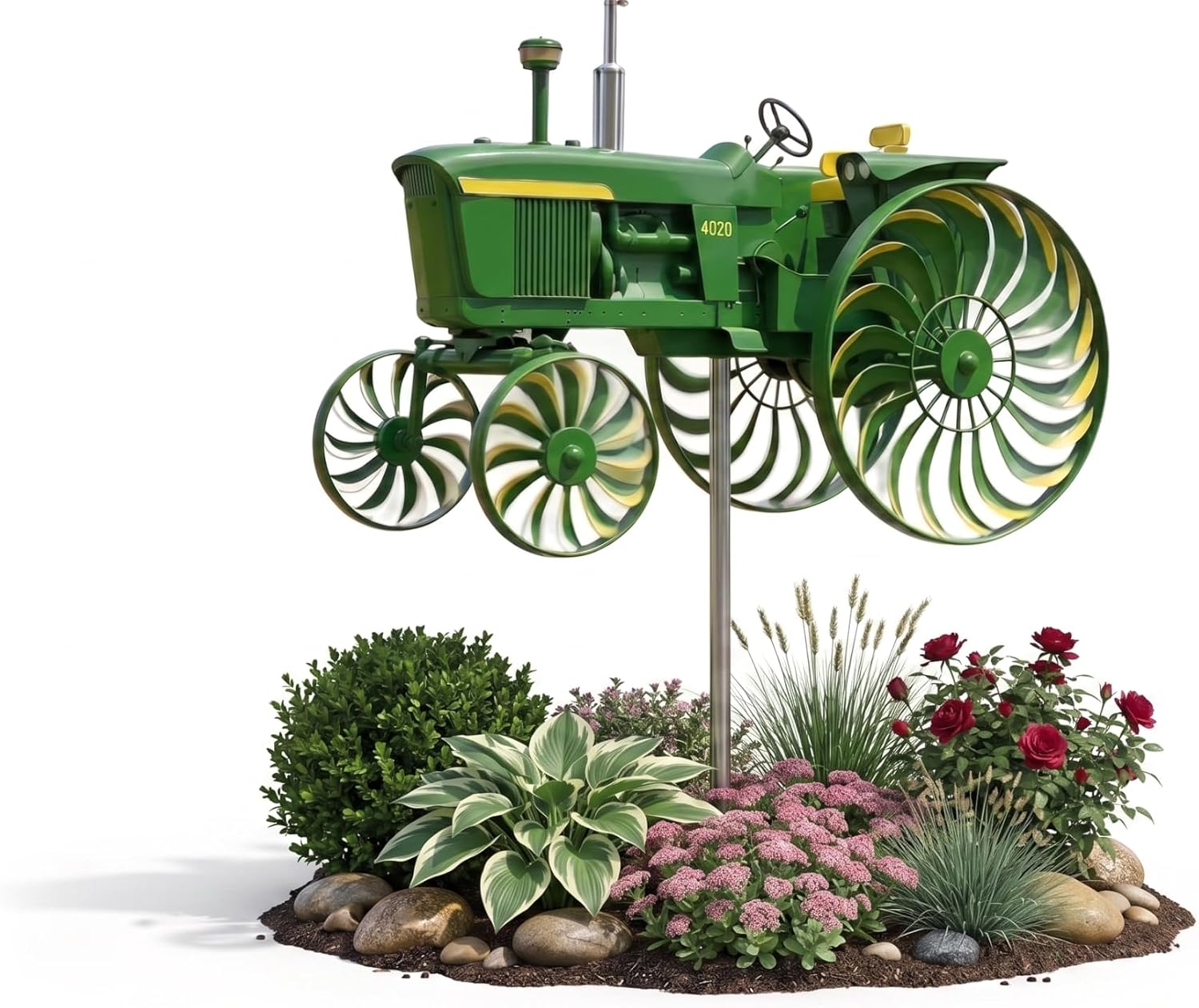 MOYEE Green Tractor Wind Spinner Kinetic Metal Yard Art, Double Anti-Rust Iron Windmill for Outdoor Garden Patio Lawn Decor, 14Inches
