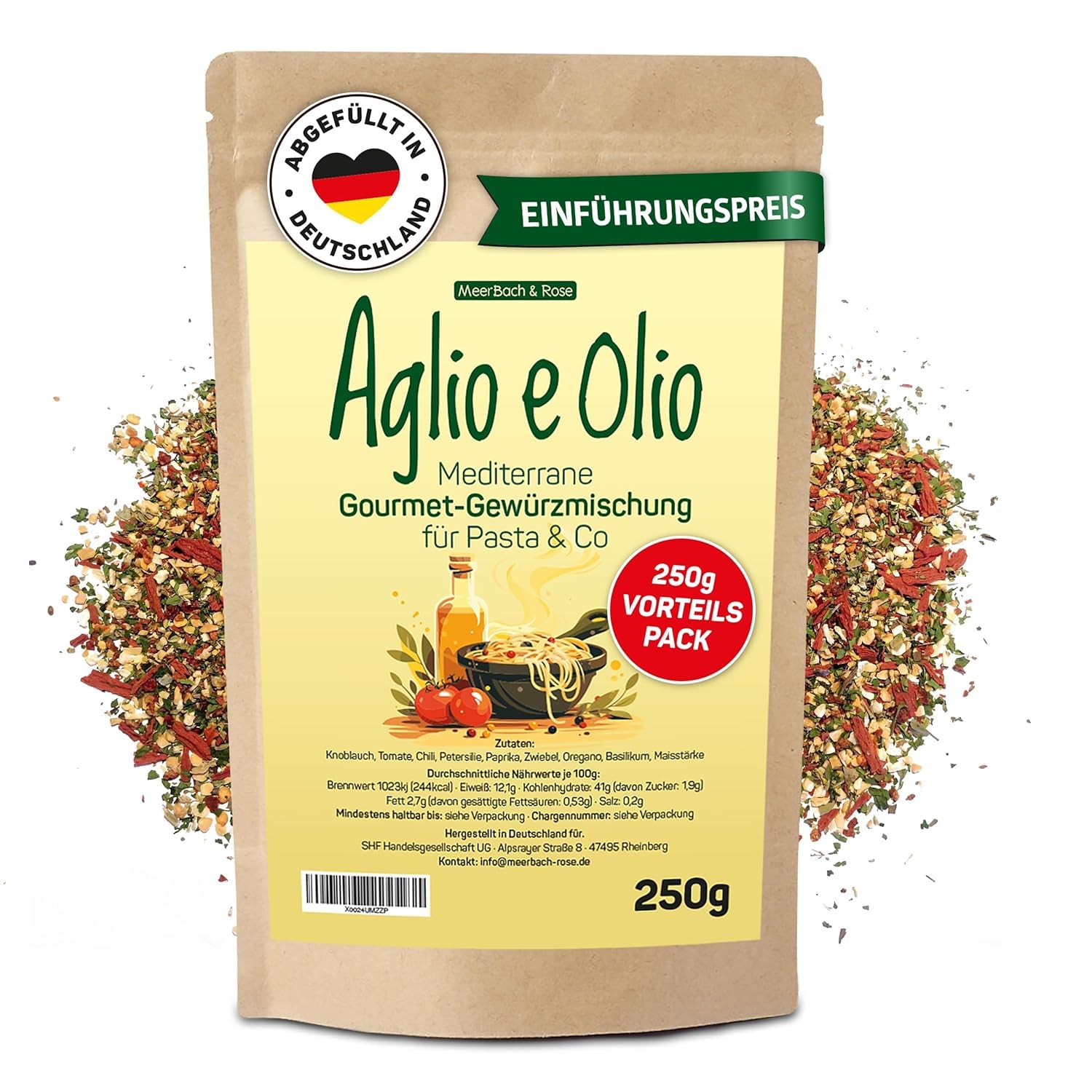Aglio e Olio 250g, Mediterrane Gourmet Gewürzmischung für Pasta & co, Aglio Olio Peperoncino Gewürz, italienische Gewürzmischung