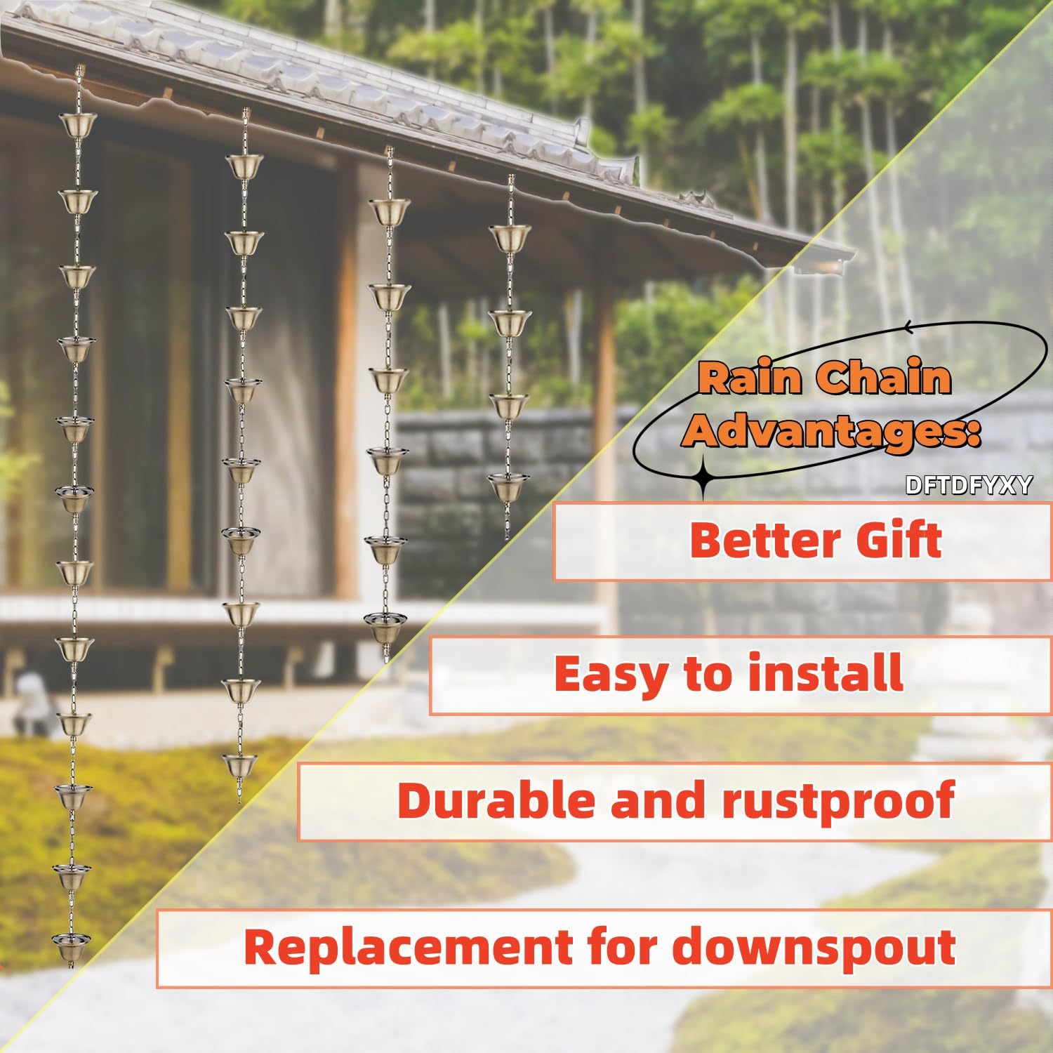 Rain Chain Rain Water Catcher 3.2-26.2FT Rain Chain Gutter Galvanized Iron with Hooks and Fixings Movable Hanging for Garden Rustproof Decorative Hanging Garden Ornaments,3m(9.8ft)