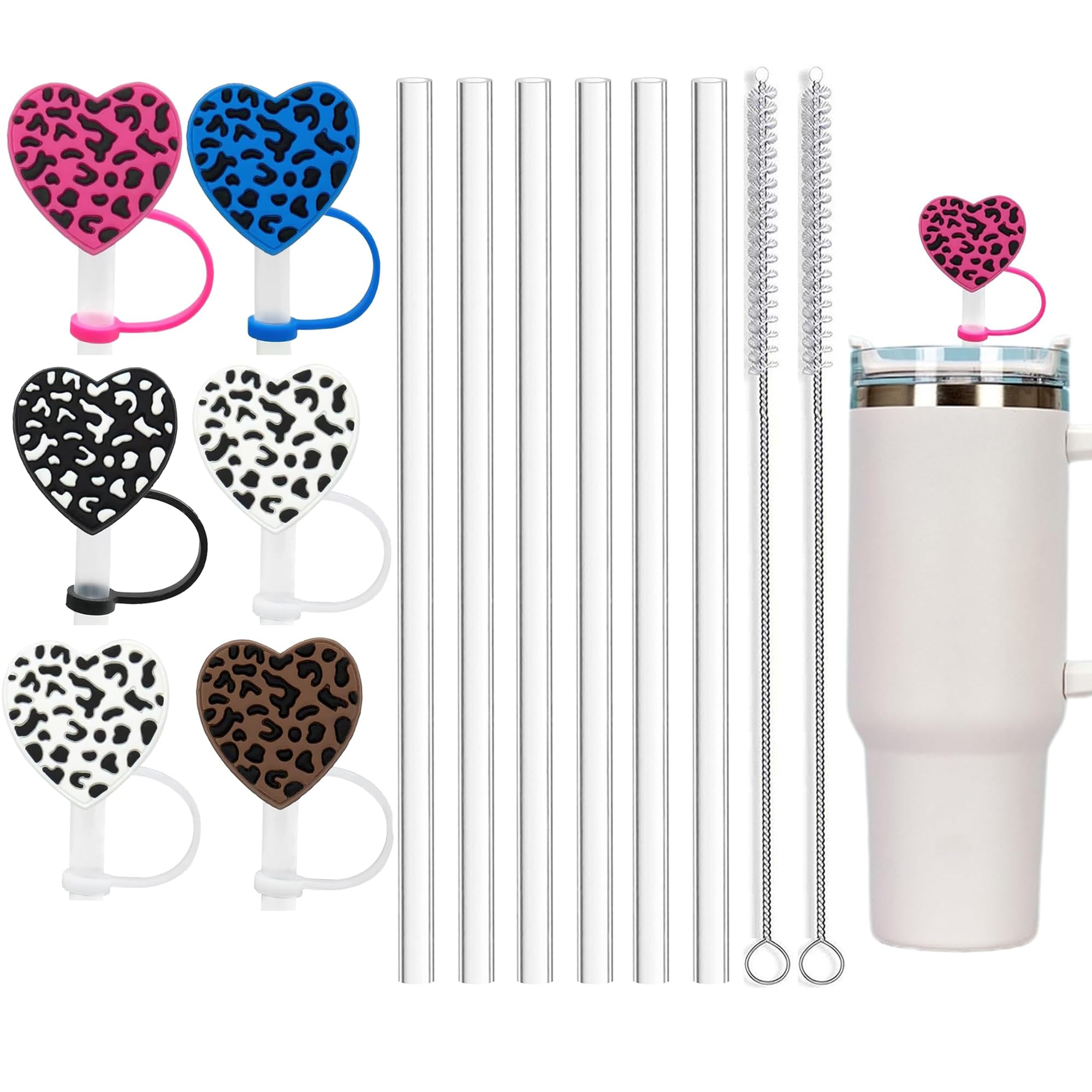ALINK 6 pcs Heart Straw Covers and 6 pcs Reusable Plastic Clear Straws for Stanley 40 oz 30 oz Tumbler, Silicone Reusable Portable Straw Cap Tips Lids for 10mm Straws,Cute Drinking Straw Topper