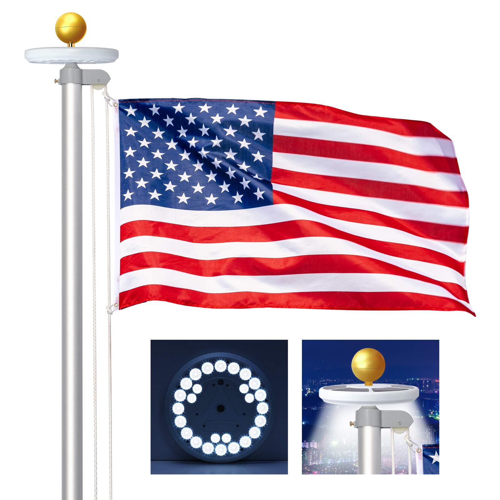 WeValor 20FT Sectional Flag Pole Kit with Solar Flagpole Lights for