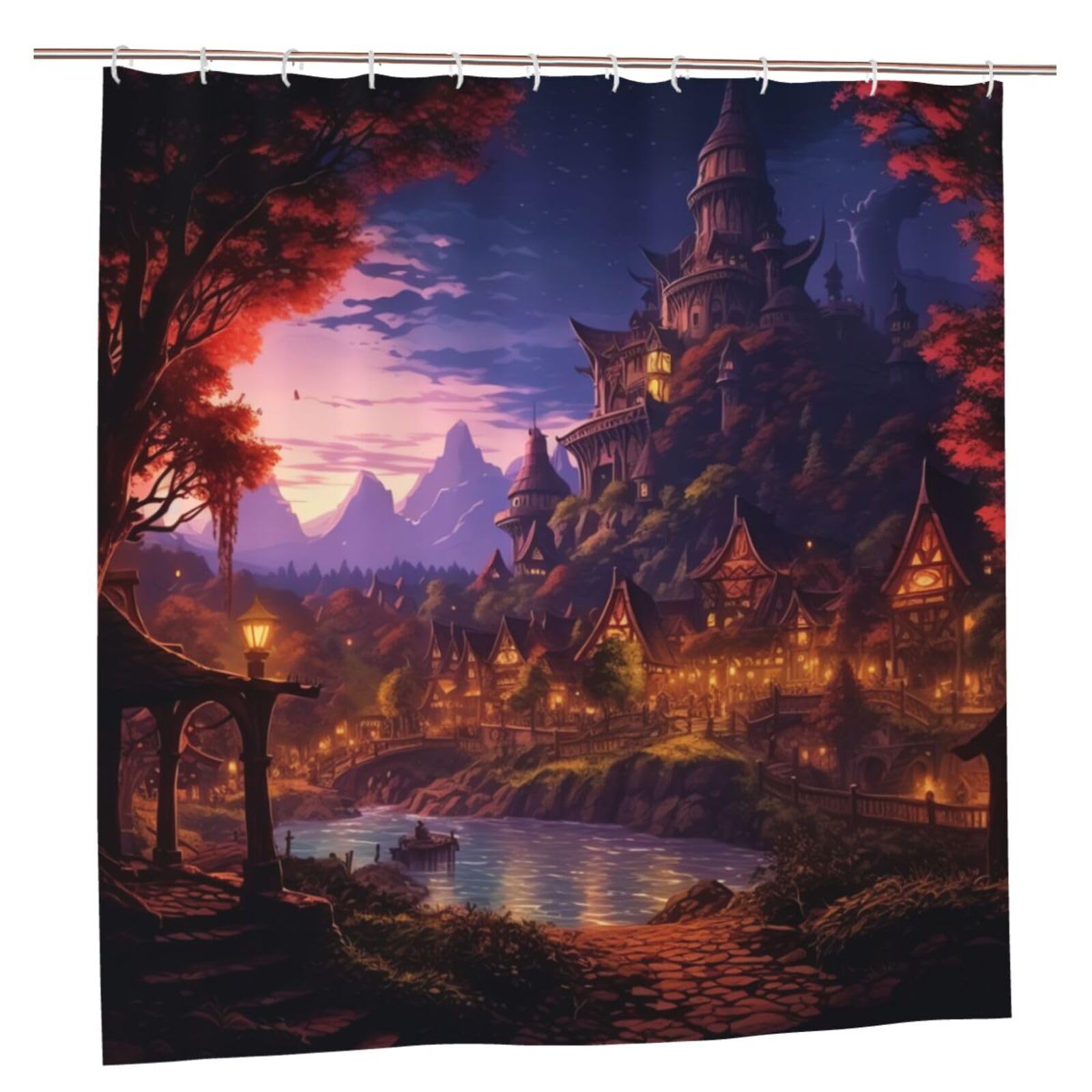 Rideau de douche imperméable Fantasy Town en tissu épais rustique 182x182 cm avec 12 crochets
