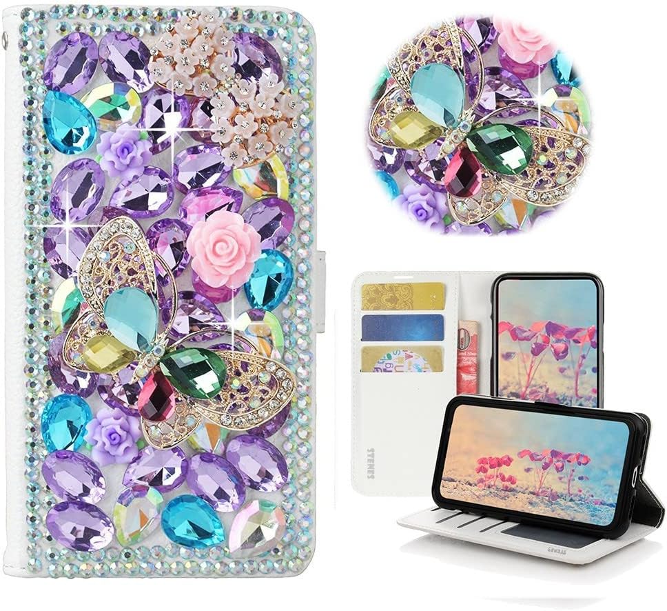 STENES Bling Wallet Phone Case Compatible with Samsung Galaxy S20 Ultra - Stylish - 3D Handmade Pearl Butterfly Flowers Leather Cover with Neck Strap Lanyard [3 Pack] - Purple