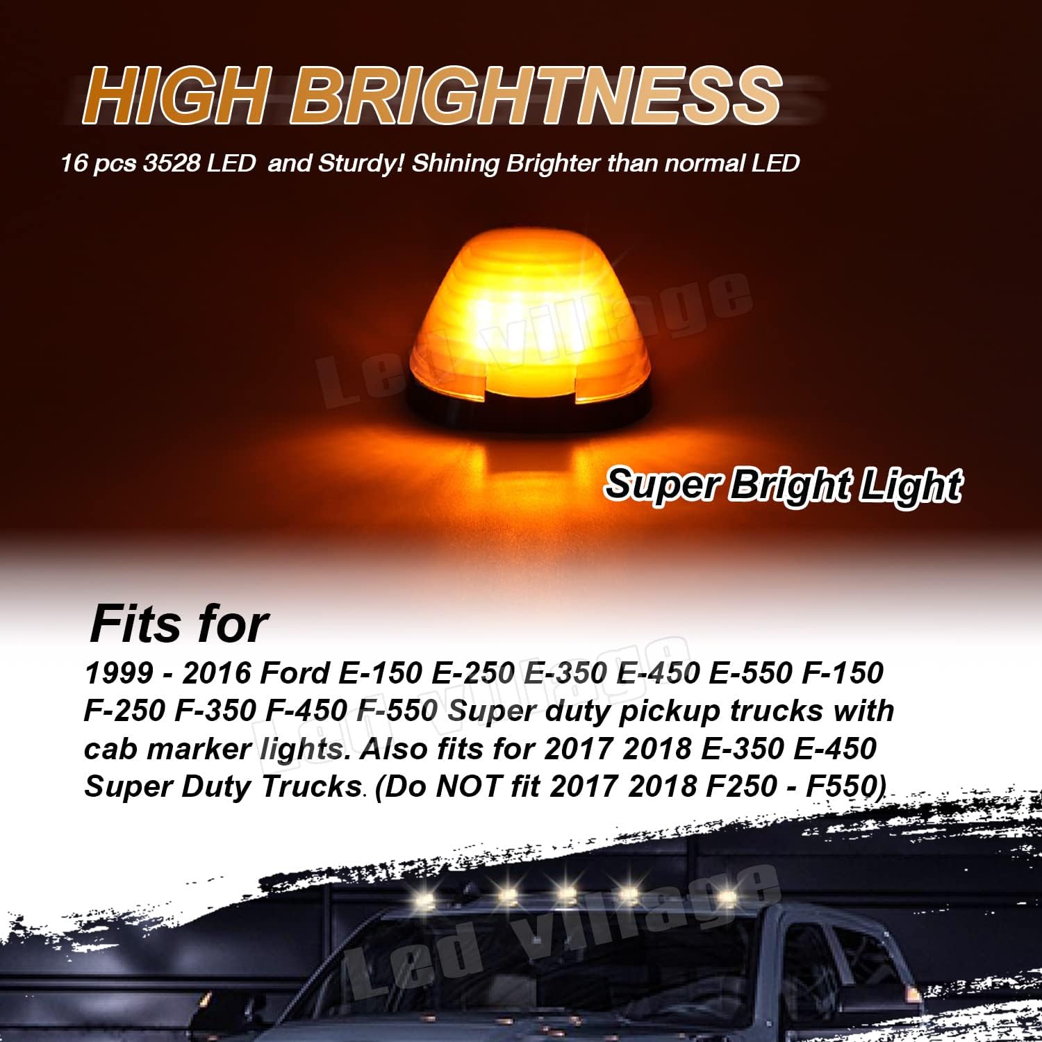 5 Pcs 3.9 Inch Amber Top Marker Lights 16 LED Exact Fits for 2017 2018 E-350 E-450 Super Duty TrucksTrailer Trucks Cab Roof Running Lamps 12V DC