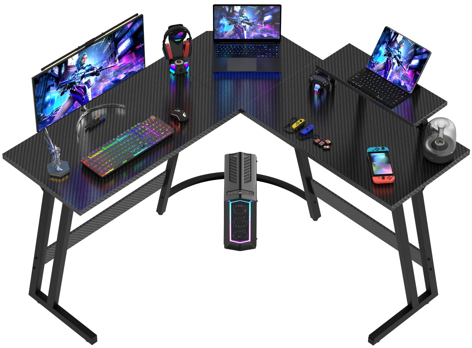 Devoko Scrivania Angolare A L Con LED, 3 Cassetti, Supporto Monitor, 2 Prese USB - Gaming E Ufficio, 170x95 Cm, Nera