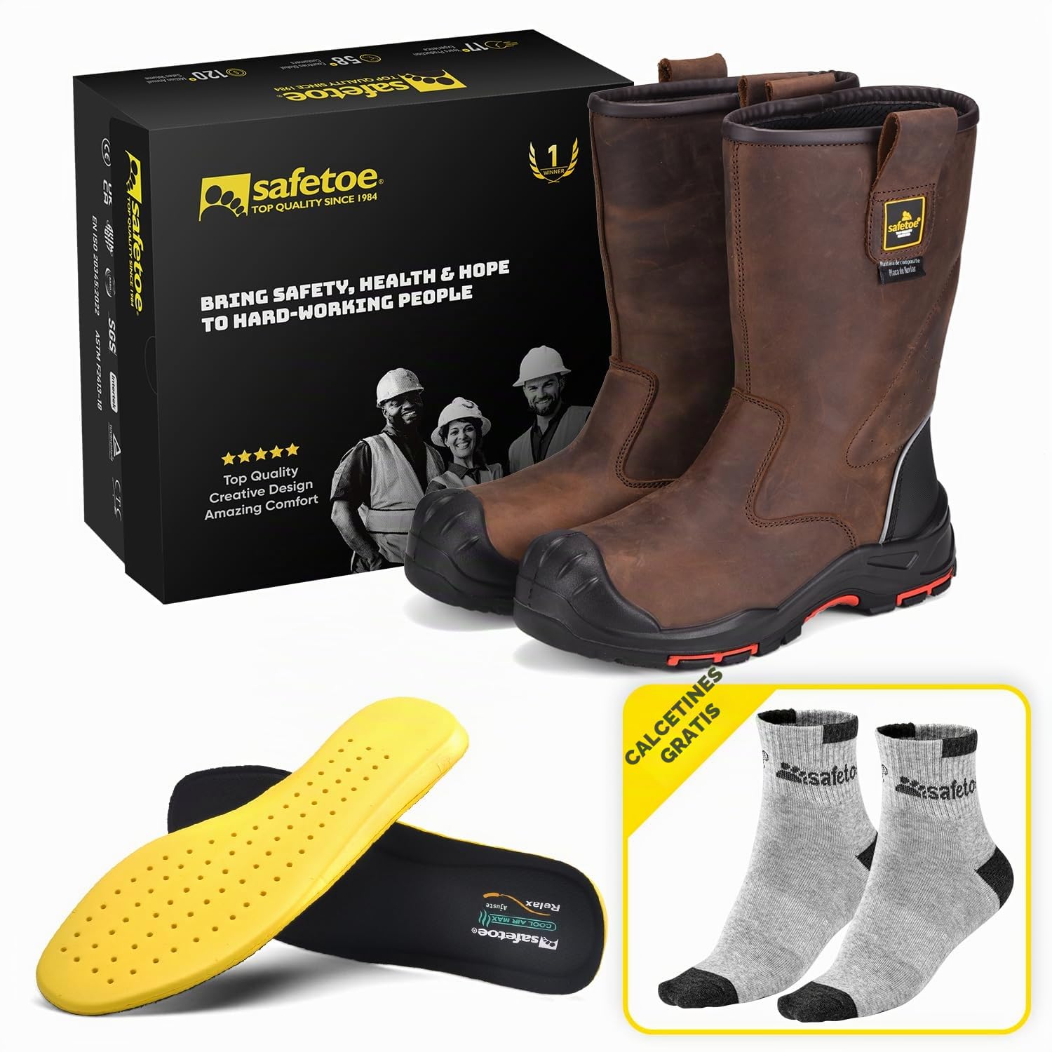 Botas de trabajo para hombre, botas de seguridad de piel de vaca, 8 pulgadas, punta compuesta, botas de construcción industrial para aceite, gas, mina