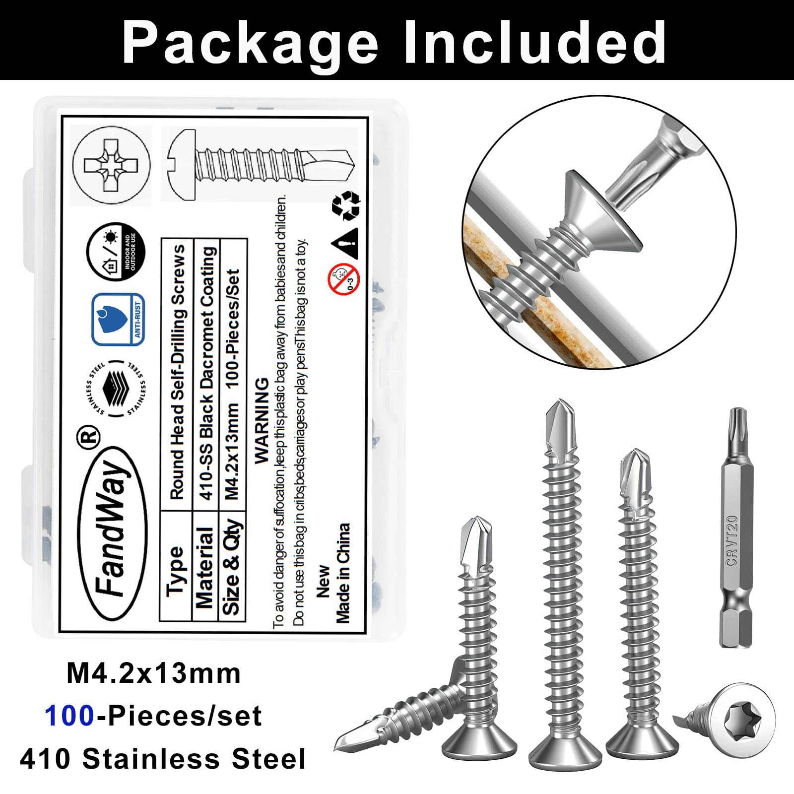 FandWay 100 Pcs Torx Self Tapping Screws Metal,M4.2x13mm Torx Countersunk Self Drilling Screws,Flat Head Sheet Metal Tek Screw 410 Stainless Steel With 1 T20 Bits For Aluminum Metalwork Roofing - Image 2