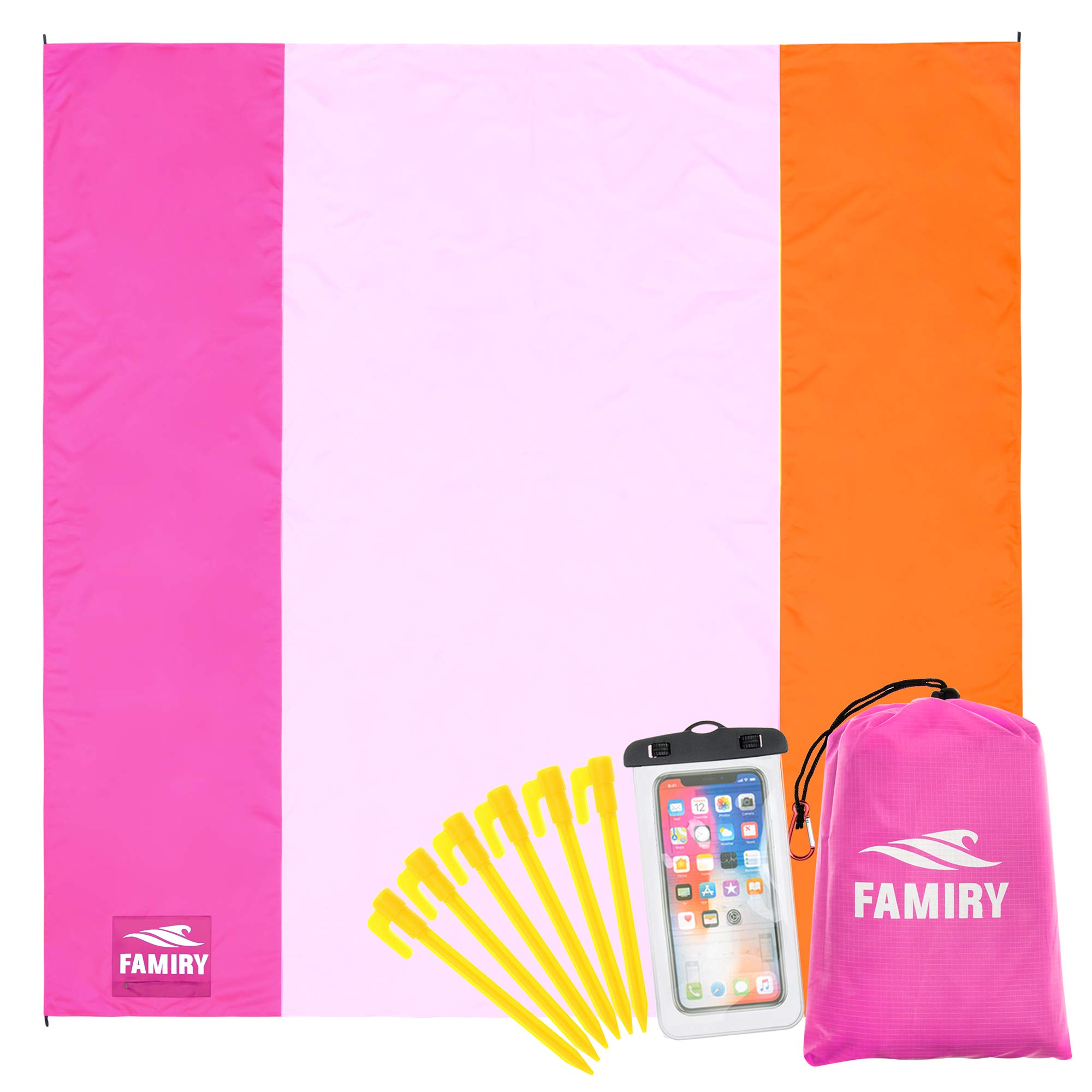 Famiry Sand Free Beach Blanket, Extra Large 10 x 9 Feet Size, Robust & Compact Beach Outdoor Mat, Includes 6 Stakes, 4 Sand Pockets & Zippered Pocket - Pink