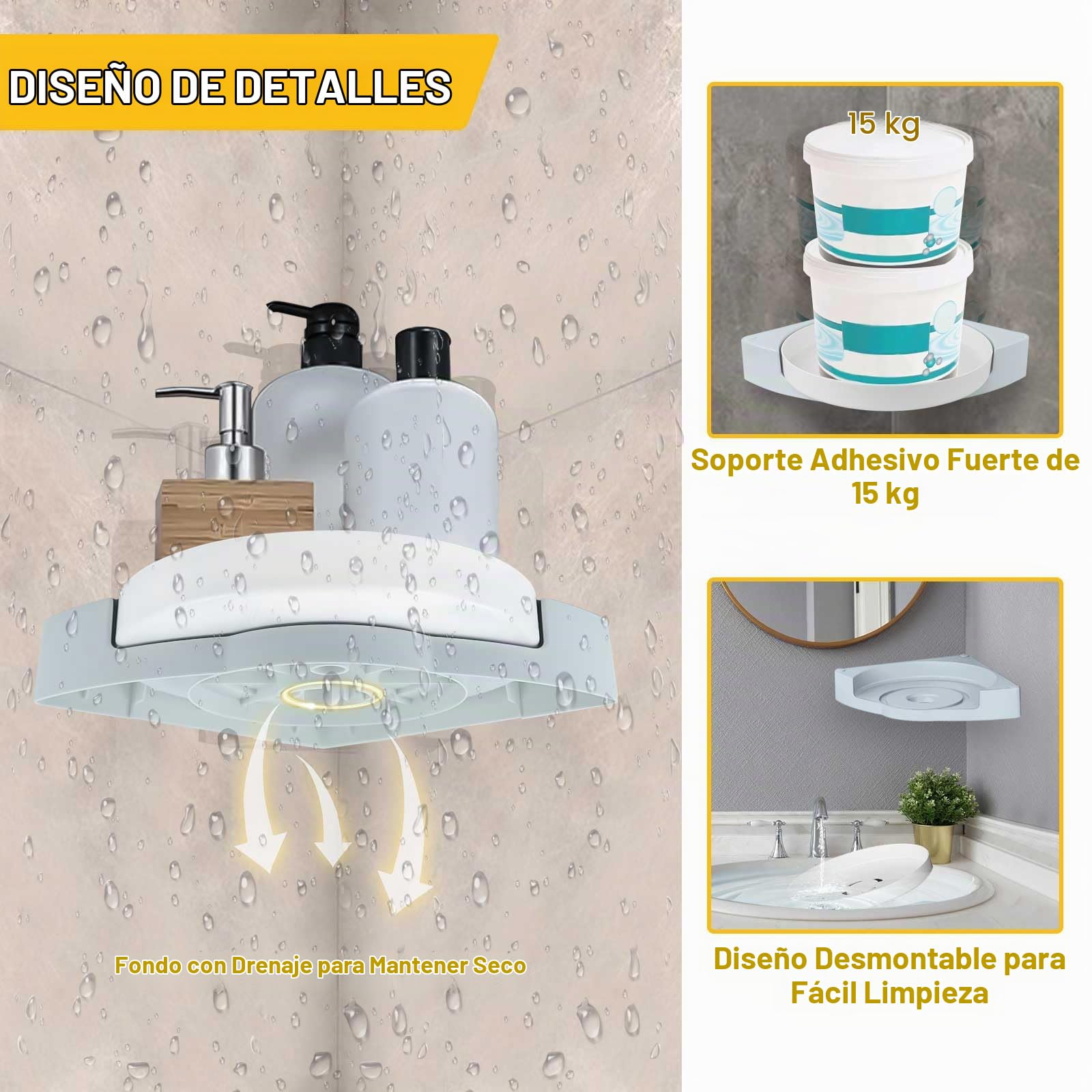 mumisuto Estanteria Baño Sin Taladro, 2 Piezas Estante Ducha Sin Taladro Giratorio de 360°, Organizador Ducha Adhesivo, Soportando hasta 33lb, para Almacenamiento Champú Gel Ducha Jabonera