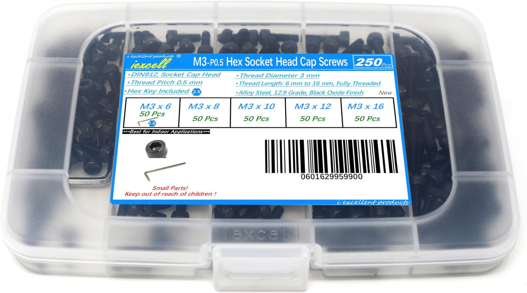 250 Pcs M3 x 6/8/10/12/16 mm Hex Socket Head Cap Screws Bolts Assortment Kit, 12.9 Grade Alloy Steel, Black Oxide Finish