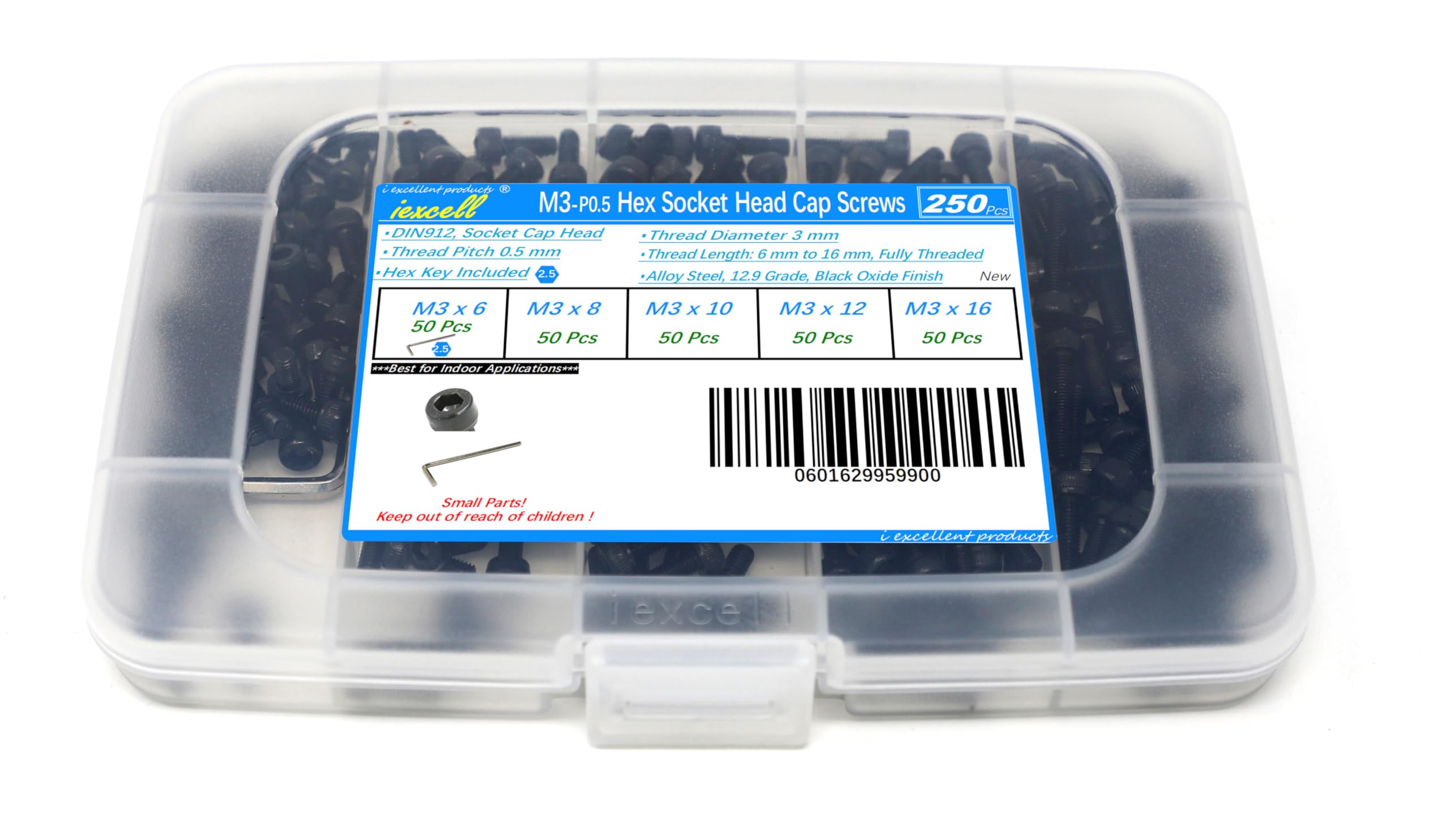 iexcell 250 Pcs M3 x 6/8/10/12/16 Alloy Steel 12.9 Grade Hex Socket Head Cap Screws Bolts Assortment Kit, Black Oxide Finish