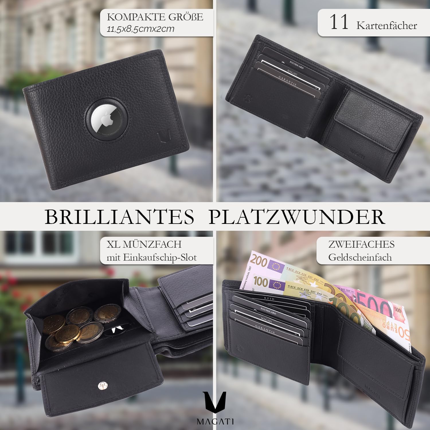 MAGATI IL Toro Portafoglio classico con scomparto per monete, protezione RFID – Mini portafoglio da uomo e da donna piccolo – Porta carte – Porta carte – Porta carte – Portafoglio, Nero , Classic