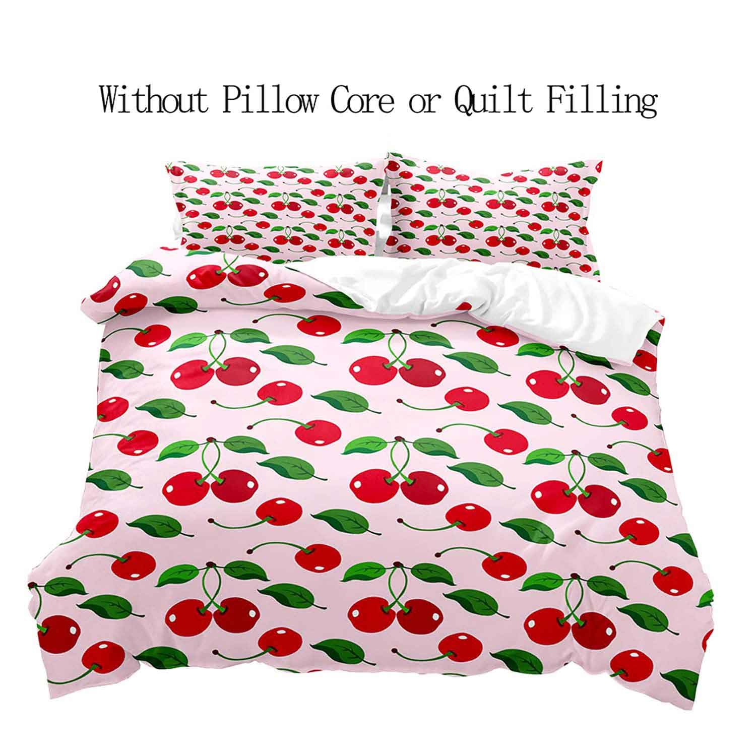LUVIVIHOME 3PCS Cute Red Cherry Duvet Cover Full Bedding Set, Pink Duvet Cover, Girly Preppy Coquette Bedding, Kawaii Fruit Green Leaves Kids Teens Girls Comforter Cover, Bed in a Bag, 2 Pillow Cases