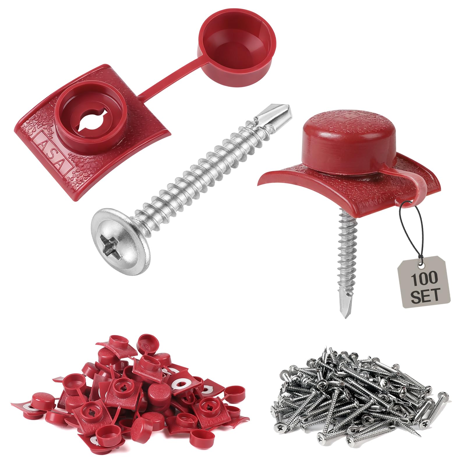 100 PCS Fixation Tôle Ondulée M4.8 x 45mm Rouge, Vis Etanche Tole Ondulée, Vis Autoforeuse Metal Tole Ondulées