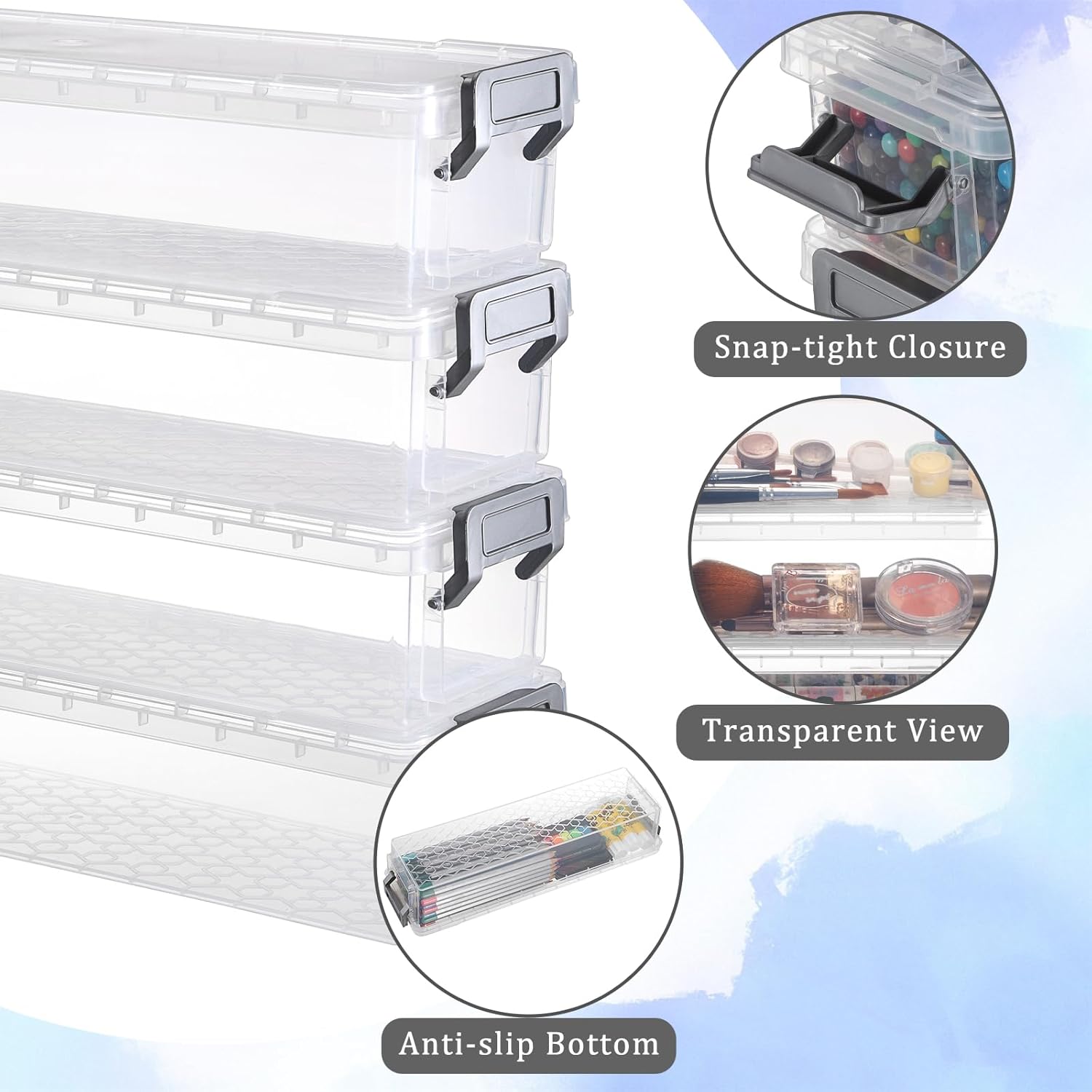 BTSKY 4 Pack Extra Long Plastic Pencil Box- Stackable Stationery Supplies Organizer Box, Clear Plastic Pencil Case, Large Capacity Storage Case for Pens, Markers, Crayons, Art Tools - Grey Clip - Image 3