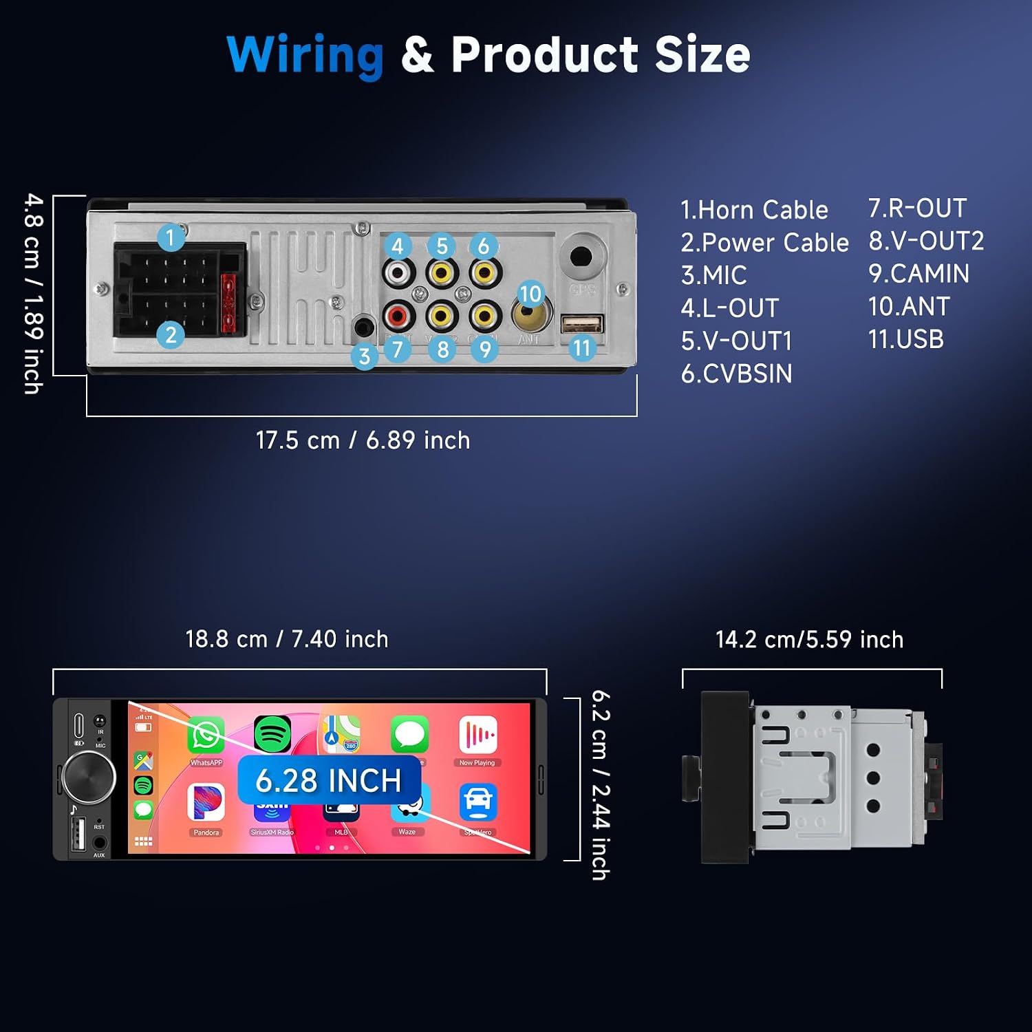 Upgrade Single Din Car Stereo, Wireless CarPlay Android Auto, 6.28'' Single DIn Touch Screen Car Radio with Backup Camera, Single Din Radio Supports Bluetooth 5.2, SWC, FM, USB, Type-C, Aux