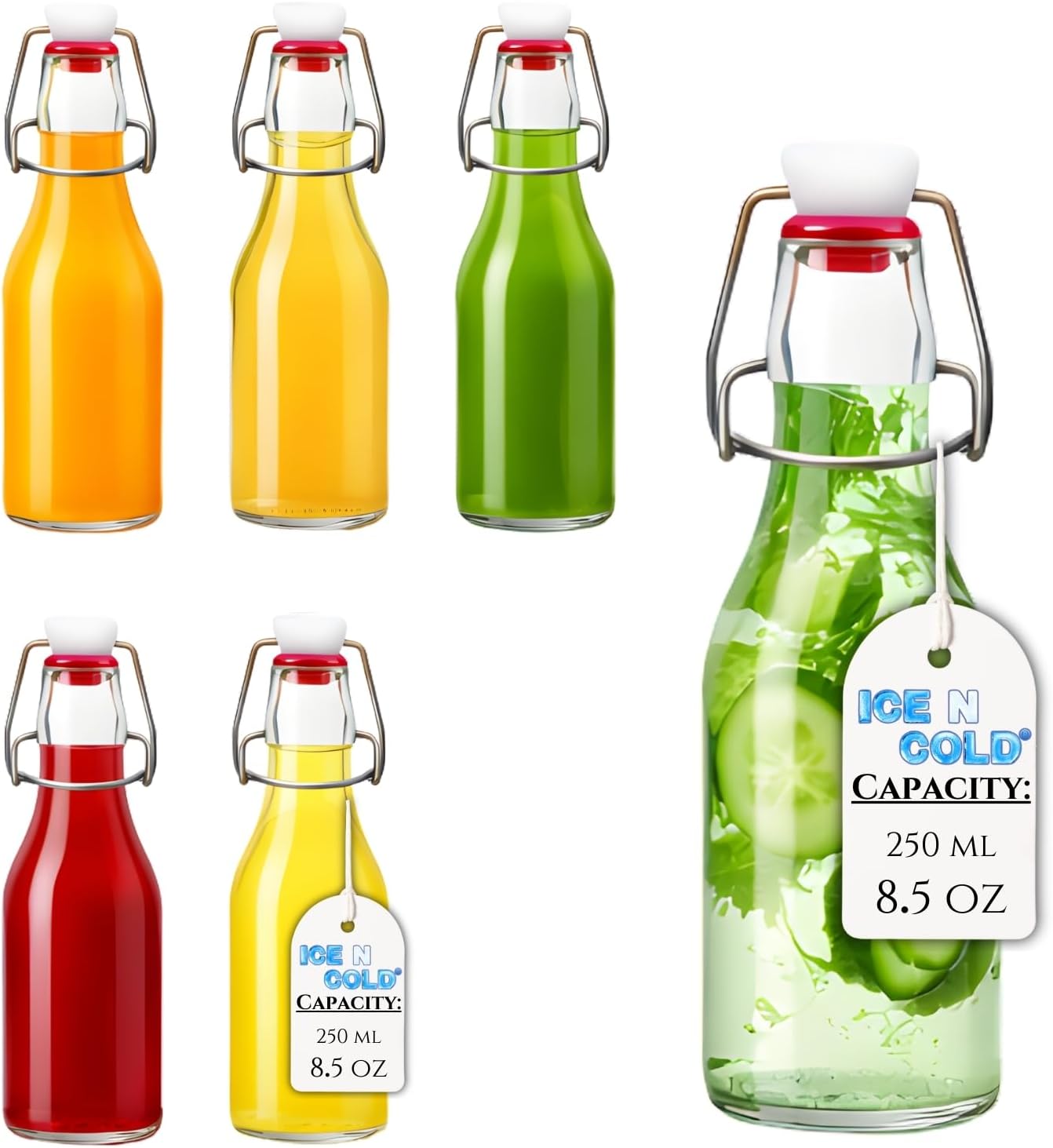 Glass Swing Top Bottles | Flip Top Glass Bottles for Limoncello, Syrups, Oils, Vinegar, Extracts & Beverages | Airtight Reusable Glass Bottles (6-Pack, MEDIUM (250ml | 8.5oz))