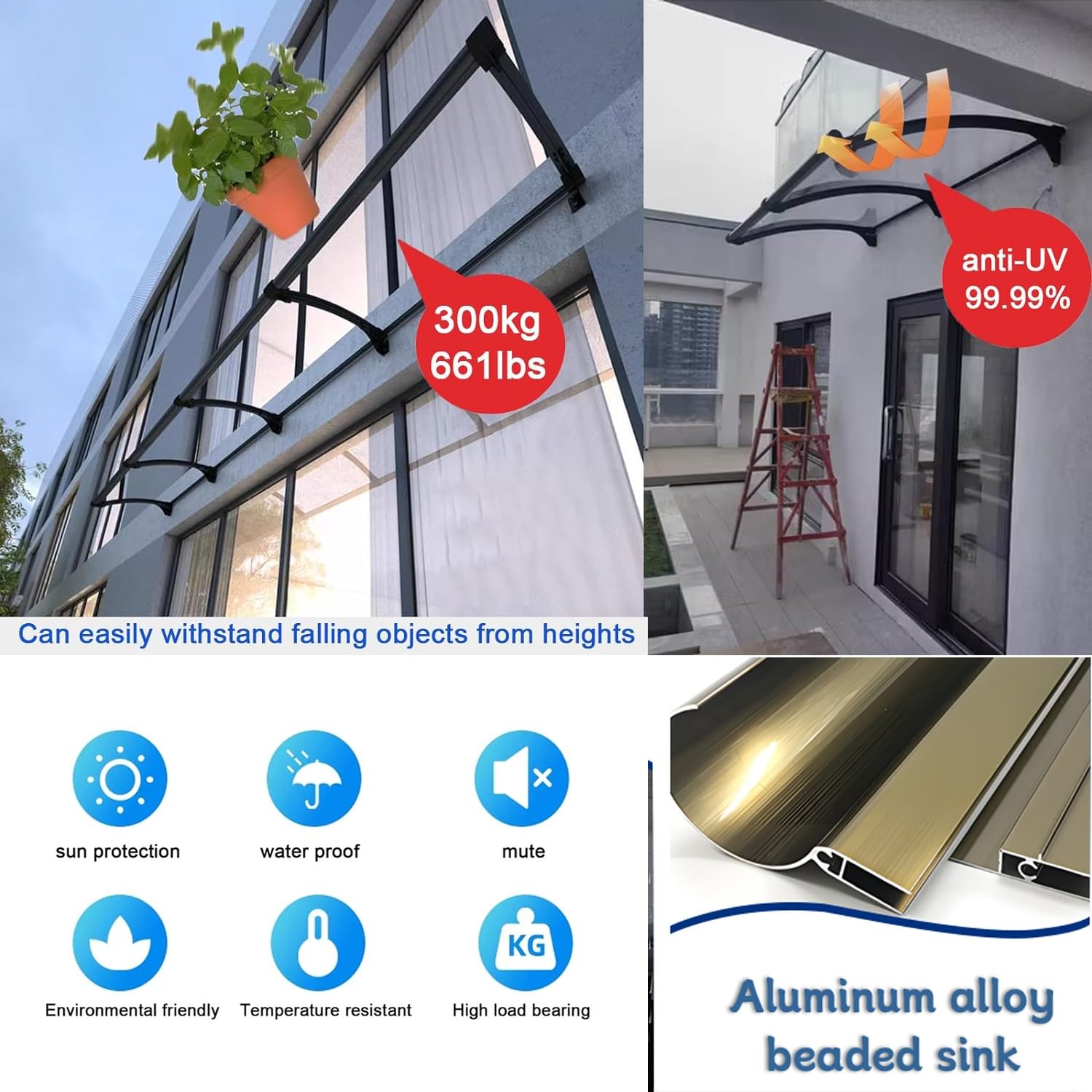 Toldo de aleación de aluminio con cubierta, protección UV y lluvia para patio, porche, jardín trasero, incluye soporte (39 x 71 pulgadas)