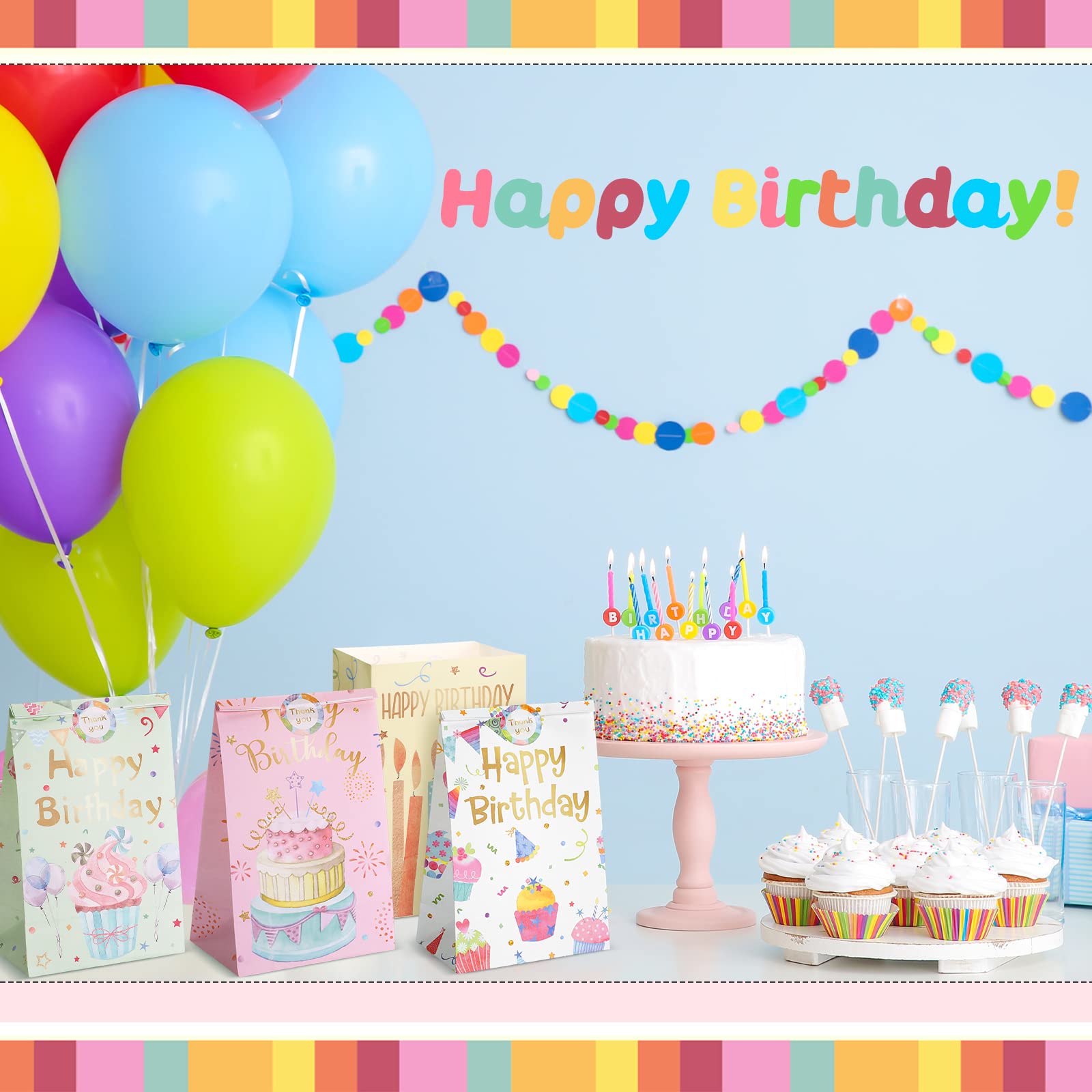 24 Personalized Birthday Party Bag Stickers - Sweet Cone Labels With Balloon Theme
