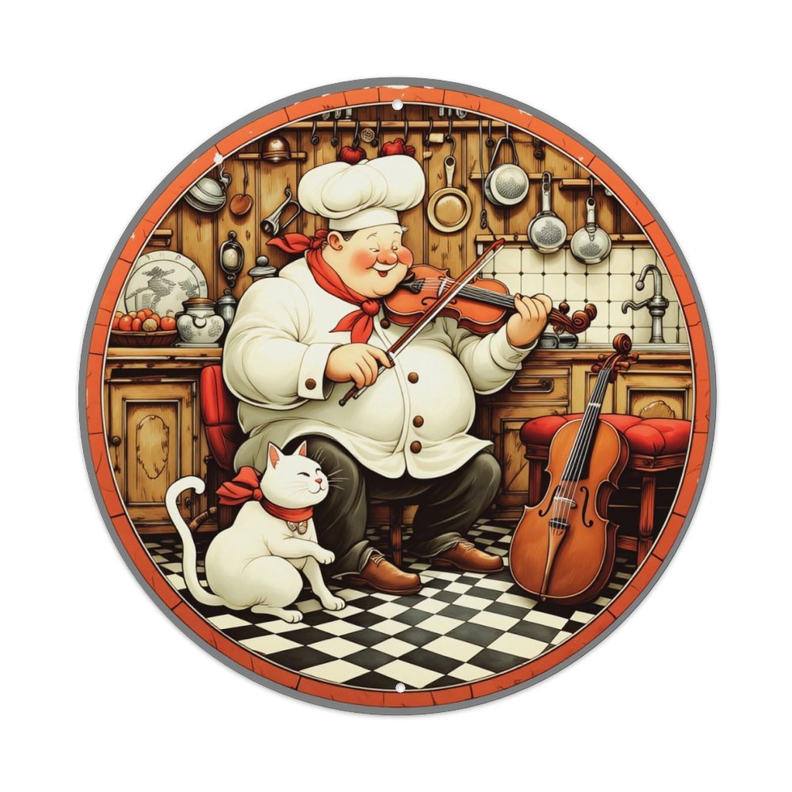 Chef Playing Violin With Cat_2 Round Tin Sign Vintage Metal Poster, Home Bar Garage Man Cave Cafe Indoor & Outdoor Wall Decoration 8x8Inches