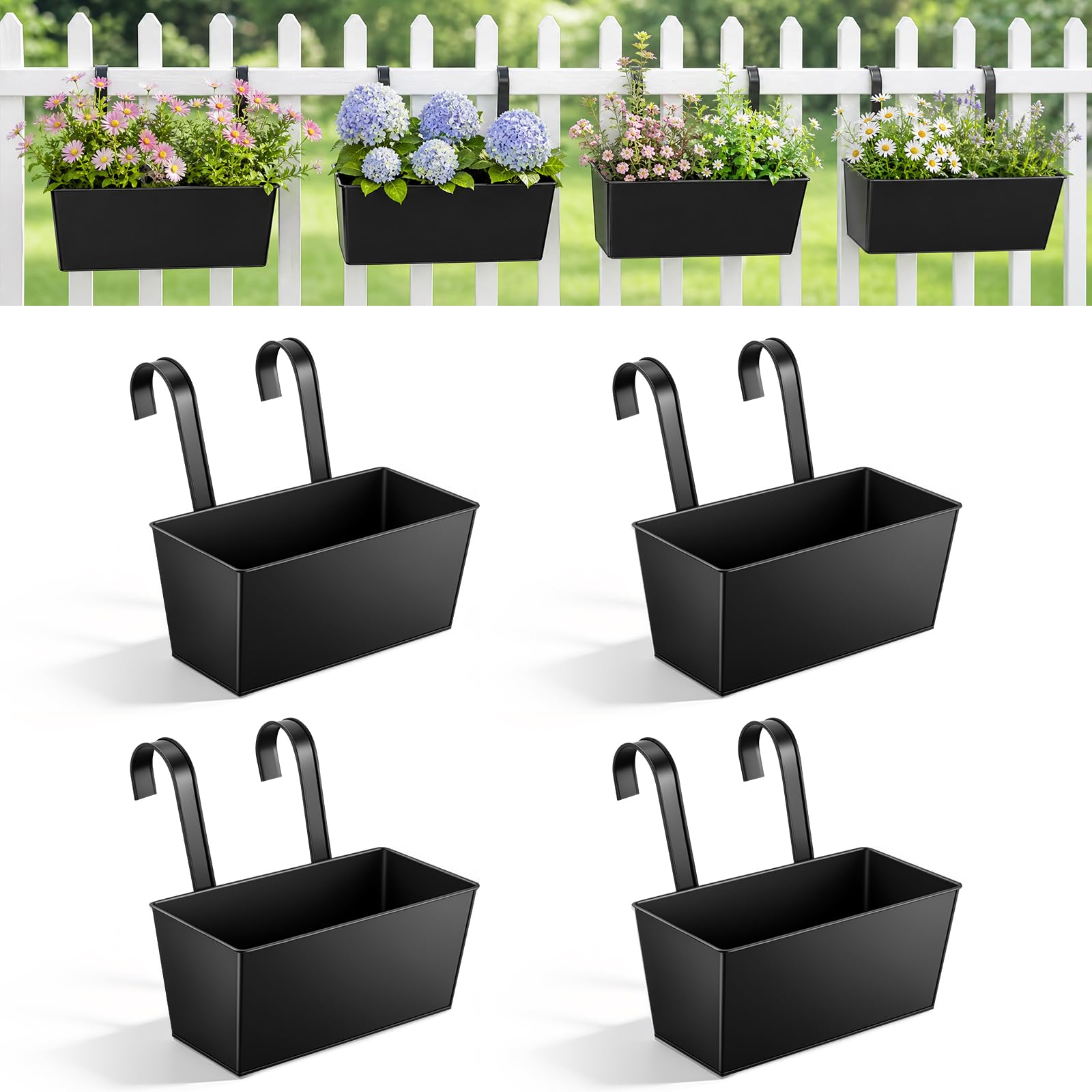27.5cm Over Fence Planters, 4Pack Metal Hanging Plant Pots, Balcony Planters for Railing, Fence Hanging Planter with Detachable Hooks, Hanging Plant Pots Outdoor for Fence, Garden, Home (Black)