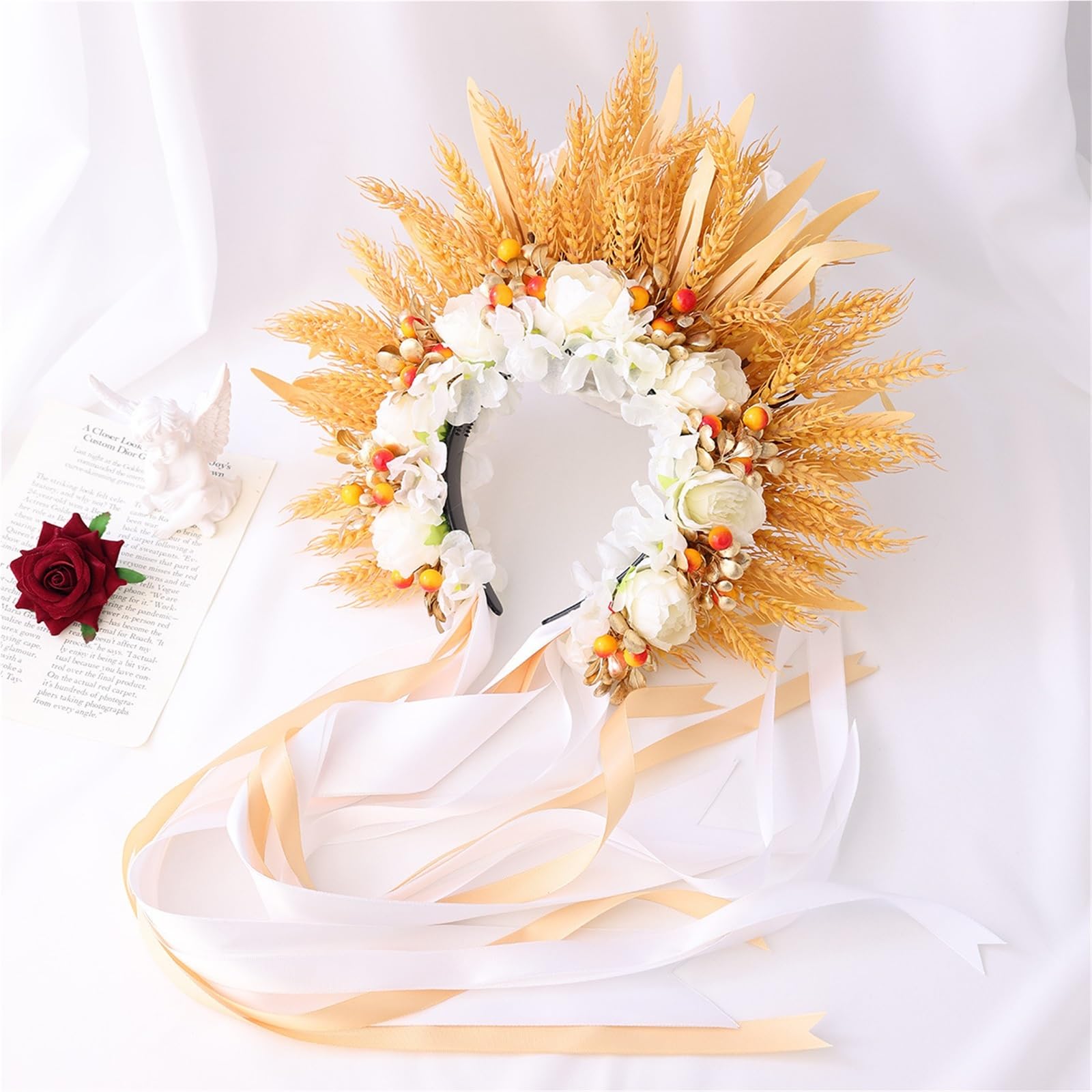 Handmade Simulated Flower Headpiece, Berry, Wheat Ear Hairpin, Headband, Integrated Long Ribbon Tassel Buckl