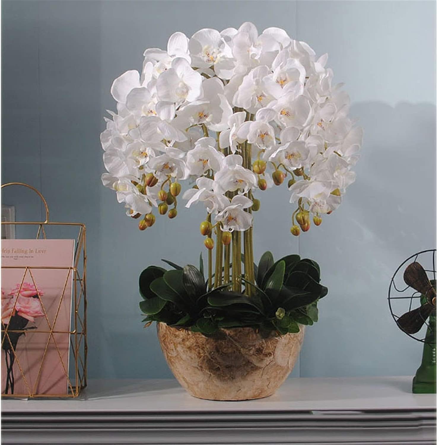 Orquídea Artificial de Seda de orquídea Artificial con jarrón de Resina, Flores Artificiales de Phalaenopsis, Flores Falsas de 24,8 Pulgadas en Maceta sintética Muy Natural